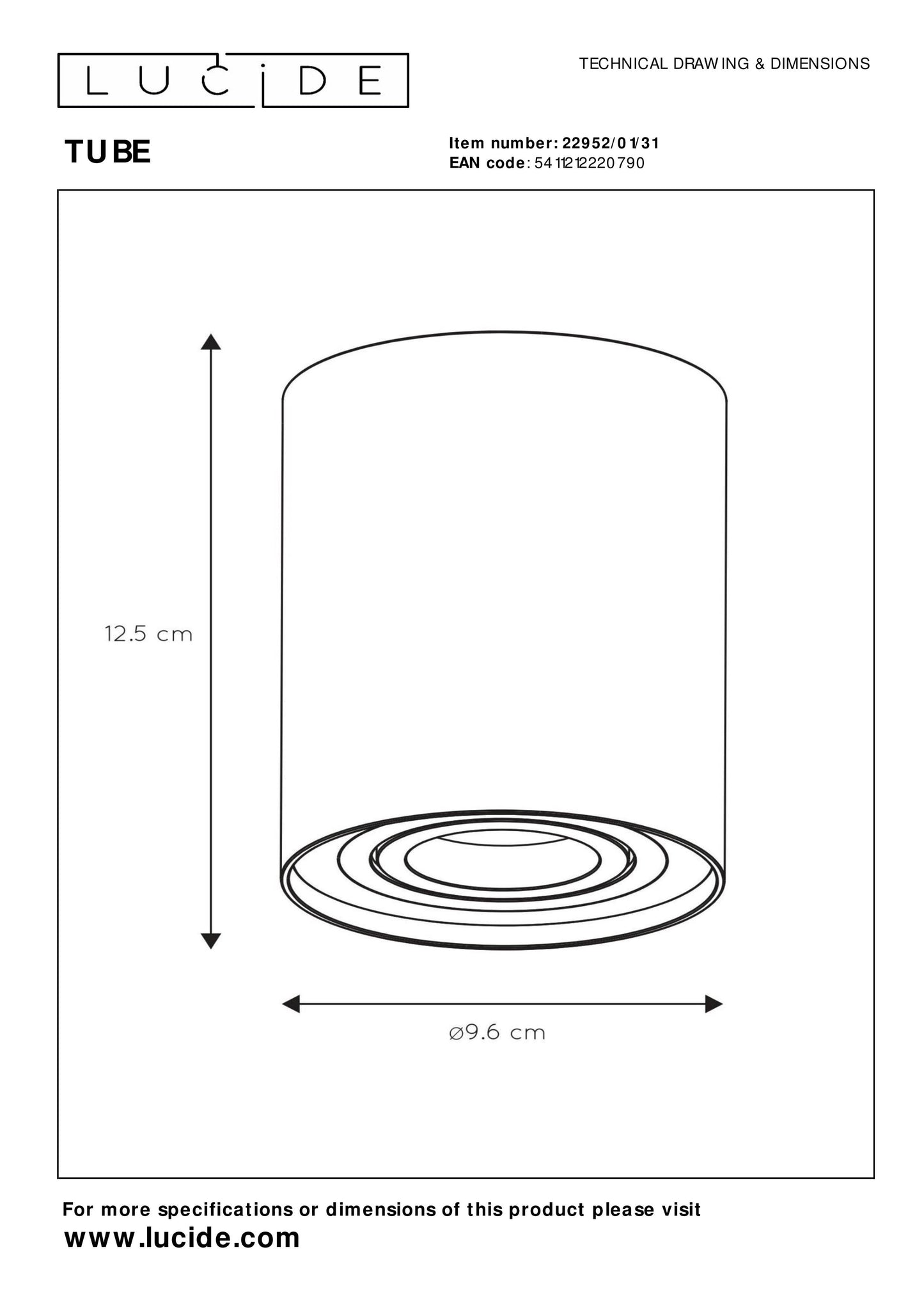 Lucide TUBE - Ceiling spotlight - Ø 9,6 cm - 1xGU10 - White