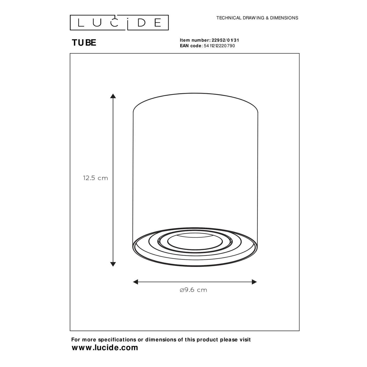 Lucide TUBE - Ceiling spotlight - Ø 9,6 cm - 1xGU10 - White