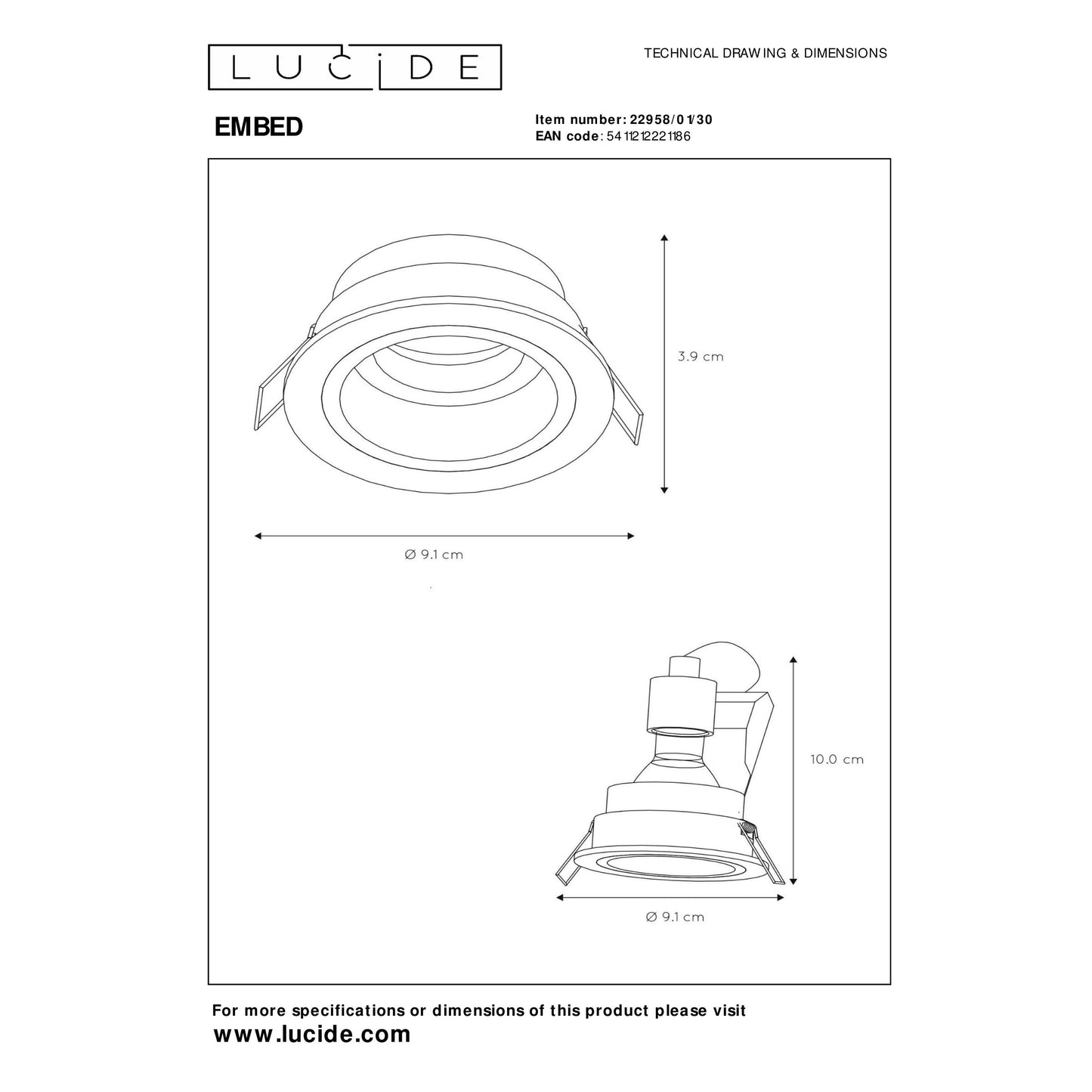 Lucide EMBED - Recessed spotlight - Ø 9,1 cm - 1xGU10 - Black