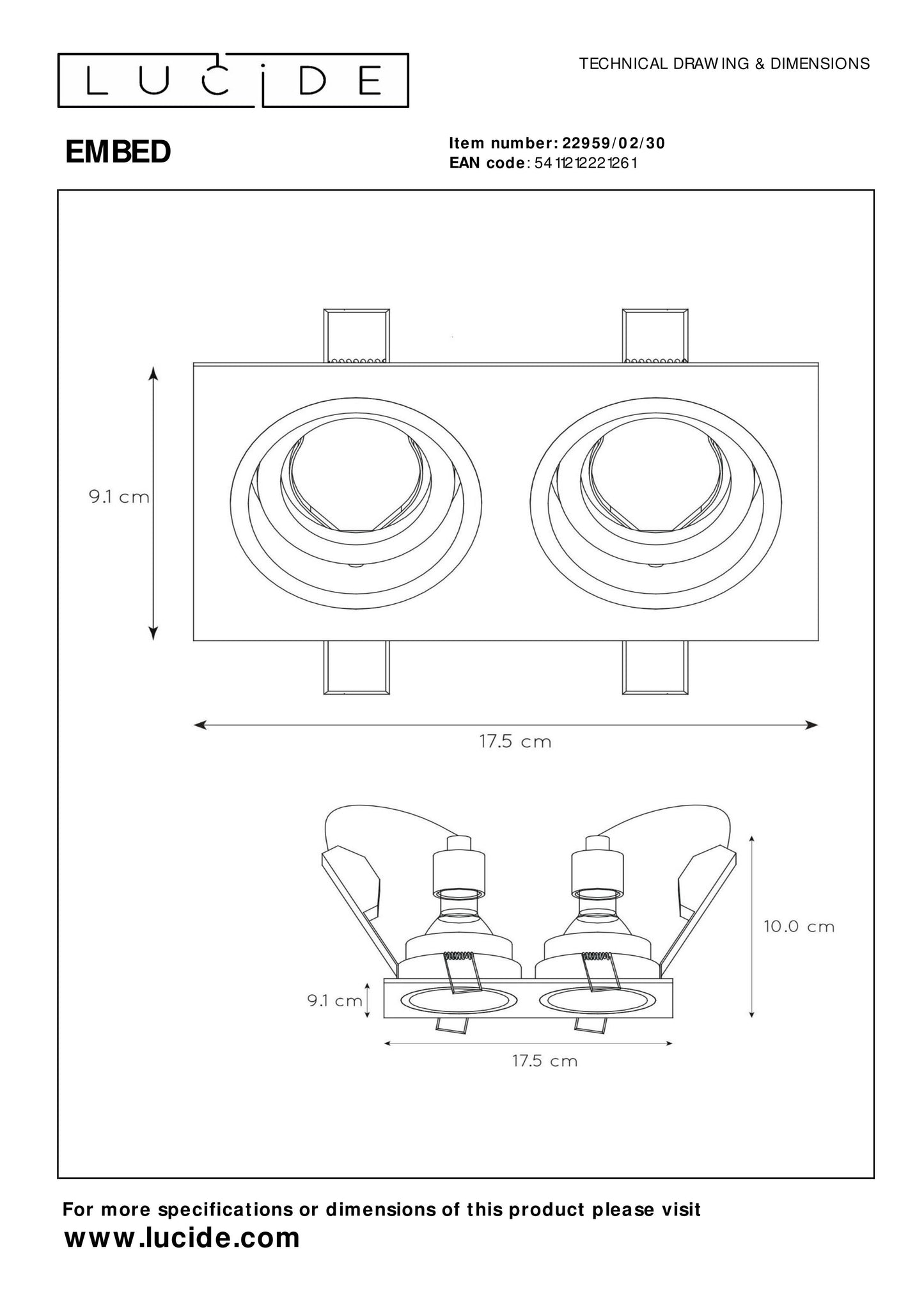 Lucide EMBED - Recessed spotlight - 2xGU10 - Black