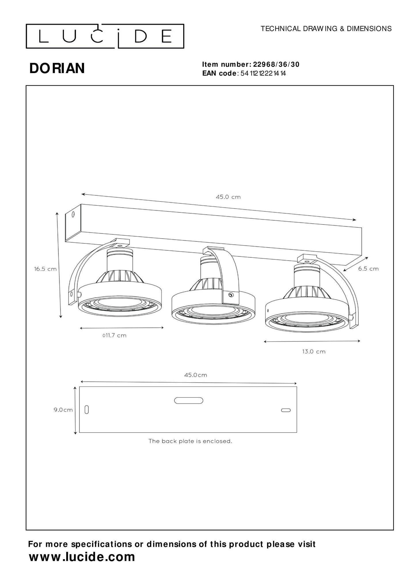 Lucide DORIAN - Ceiling spotlight - LED Dim to warm - GU10 (ES111) - 3x12W 2200K/3000K - Black