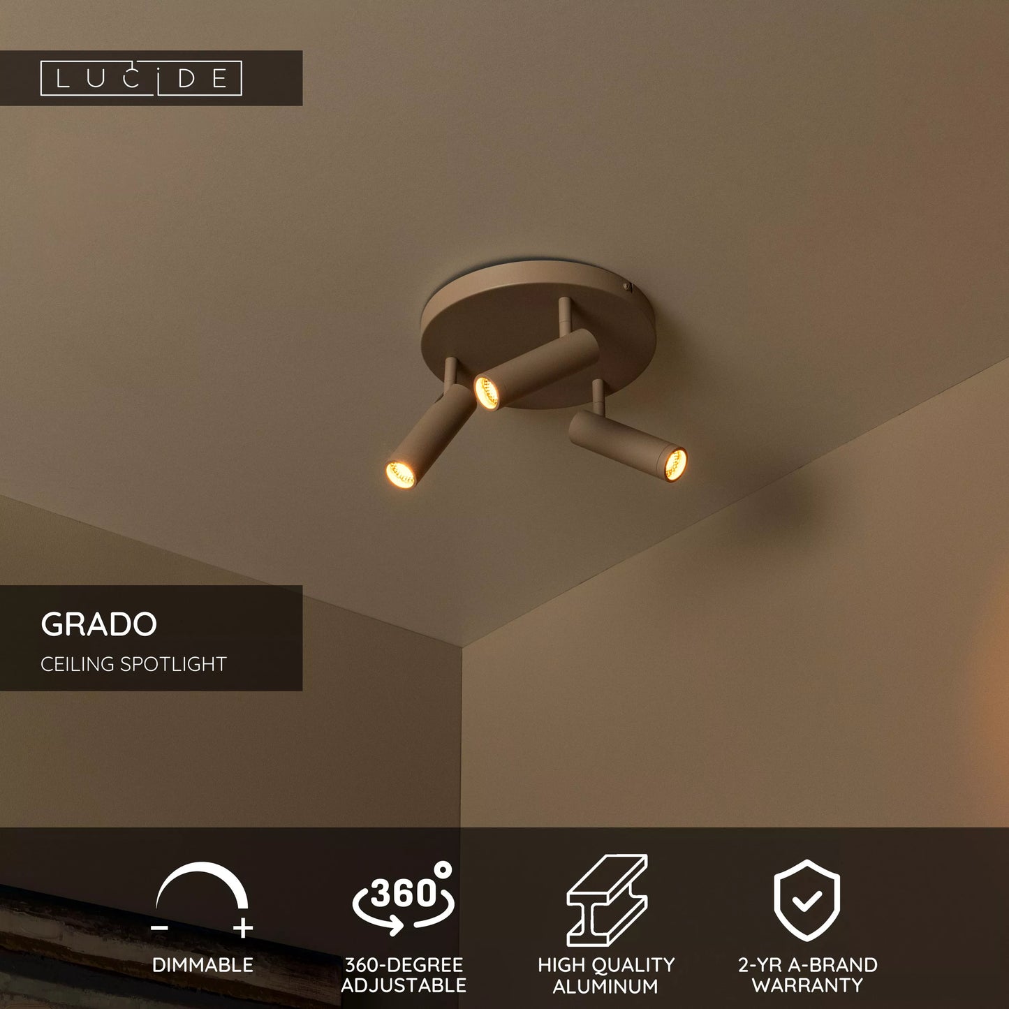 Lucide GRADO - Ceiling spotlight - Ø 25 cm - 3xGU10 (MR11) - Taupe