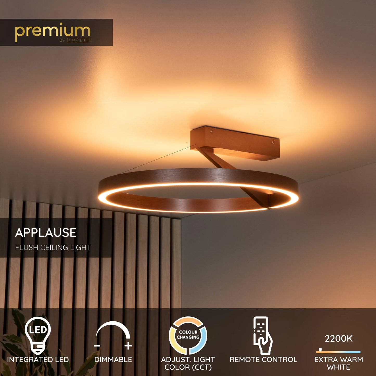 Lucide APPLAUSE - Flush ceiling light - Ø 40 cm - LED Dim. - CCT - 1x26W 2200K/4000K - Coffee | Premium