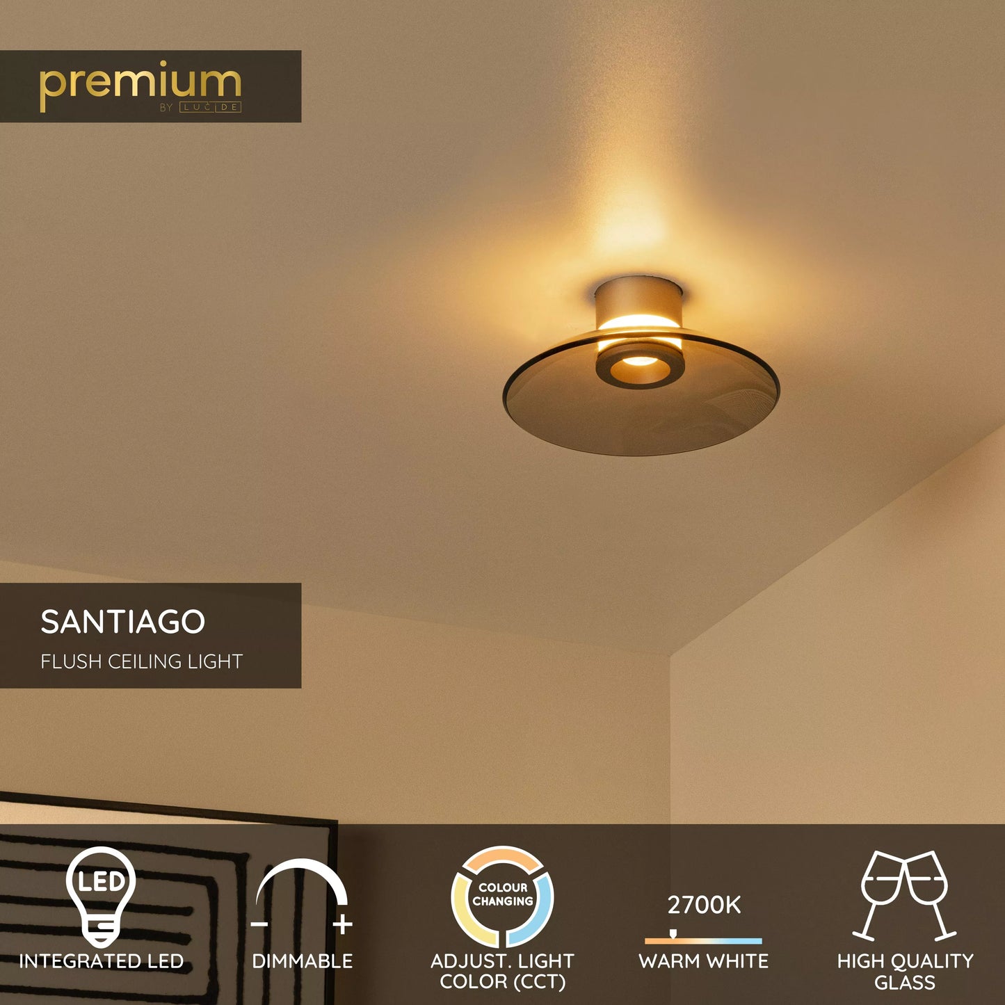 Lucide SANTIAGO - Flush ceiling light - Ø 23 cm - LED Dim. - CCT - 1x10W 2700K/4000K - Amber | Premium