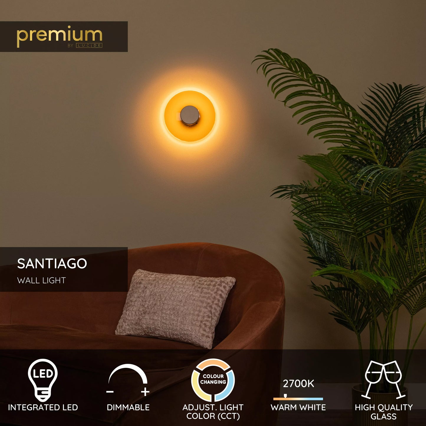 Lucide SANTIAGO - Wall light - Ø 23 cm - LED Dim. - CCT - 1x10W 2700K/4000K - Amber | Premium