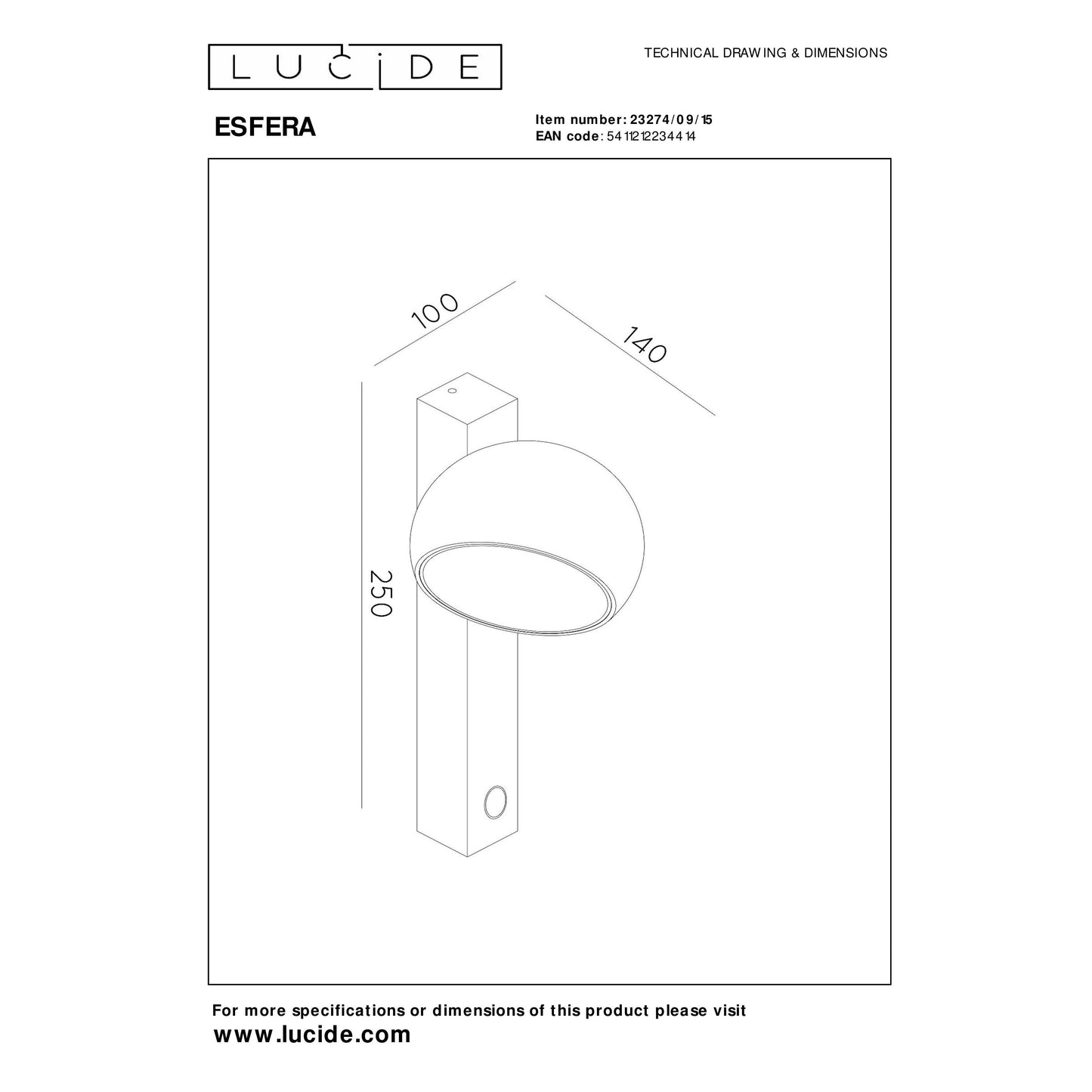 Lucide ESFERA - Wall light - LED Dim. - 1x9W 2700K - Grey iron