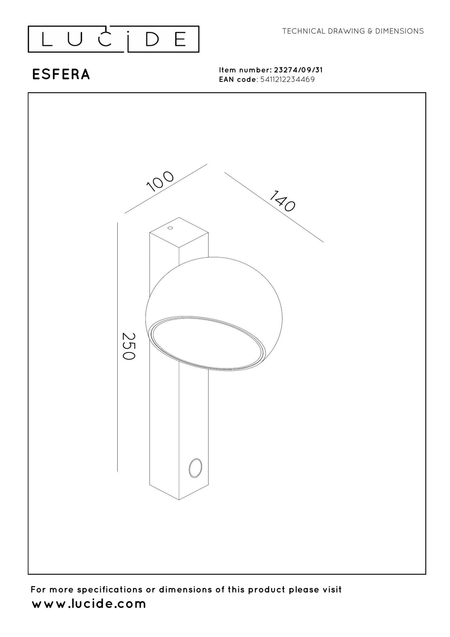 Lucide ESFERA - Wall light - LED Dim. - 1x9W 2700K - White | Premium