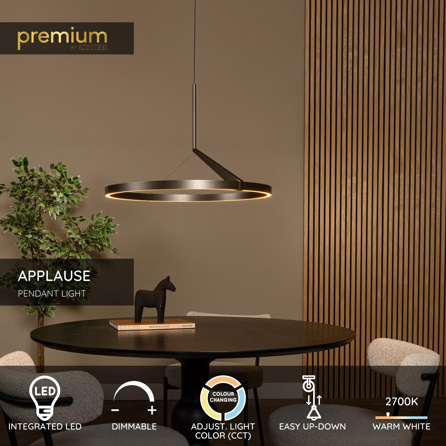Lucide APPLAUSE - Pendant light - Ø 60 cm - LED Dim. - CCT - 1x32W 2700K/4000K - Hand Wave Sensor - Grey iron | Premium