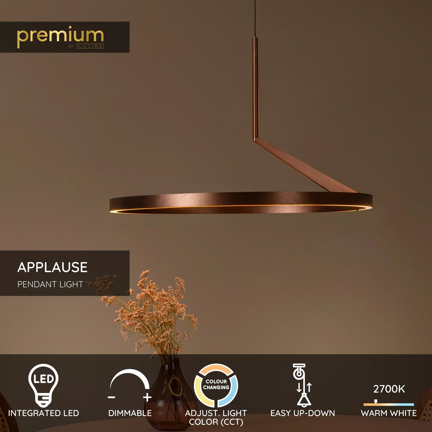 Lucide APPLAUSE - Pendant light - Ø 60 cm - LED Dim. - CCT - 1x32W 2700K/4000K - Hand Wave Sensor - Coffee | Premium