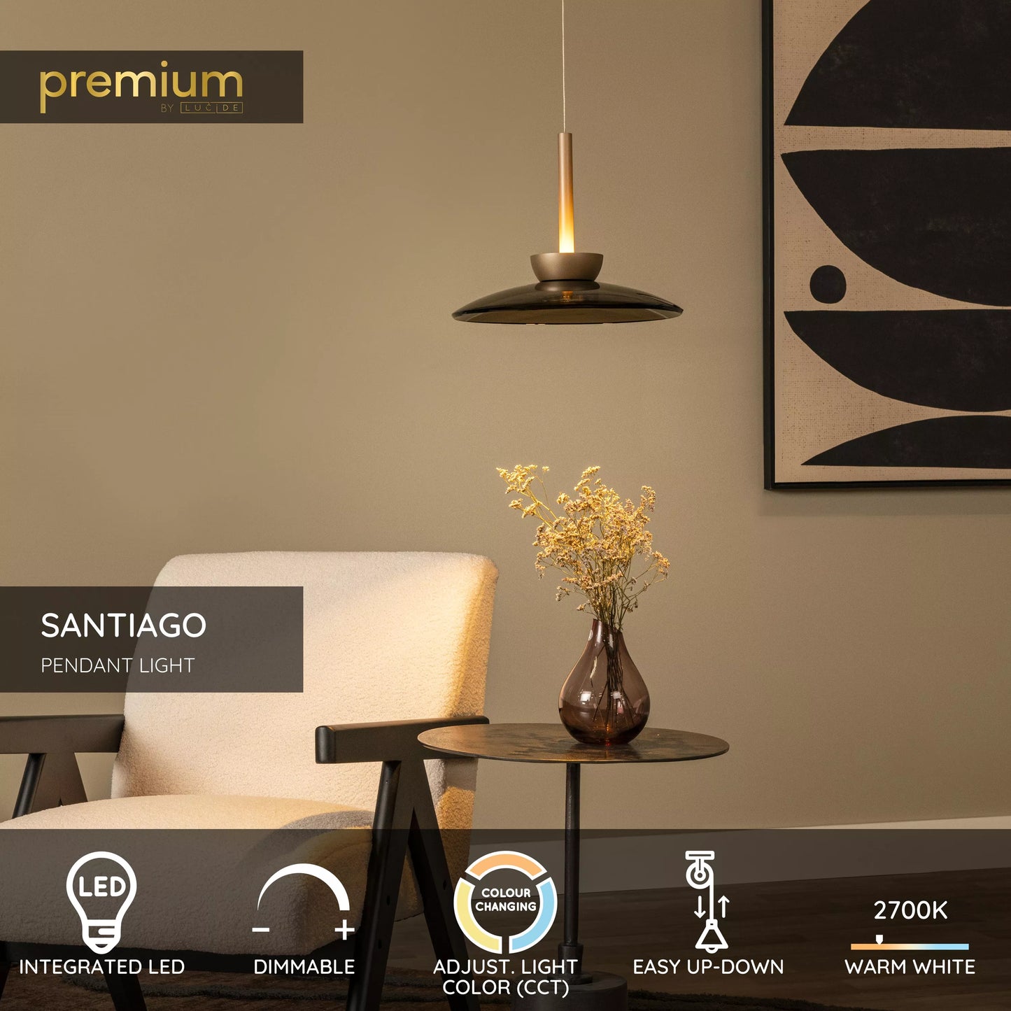 Lucide SANTIAGO - Pendant light - Ø 32 cm - LED Dim. - CCT - 1x16W 2700K/4000K - Amber | Premium