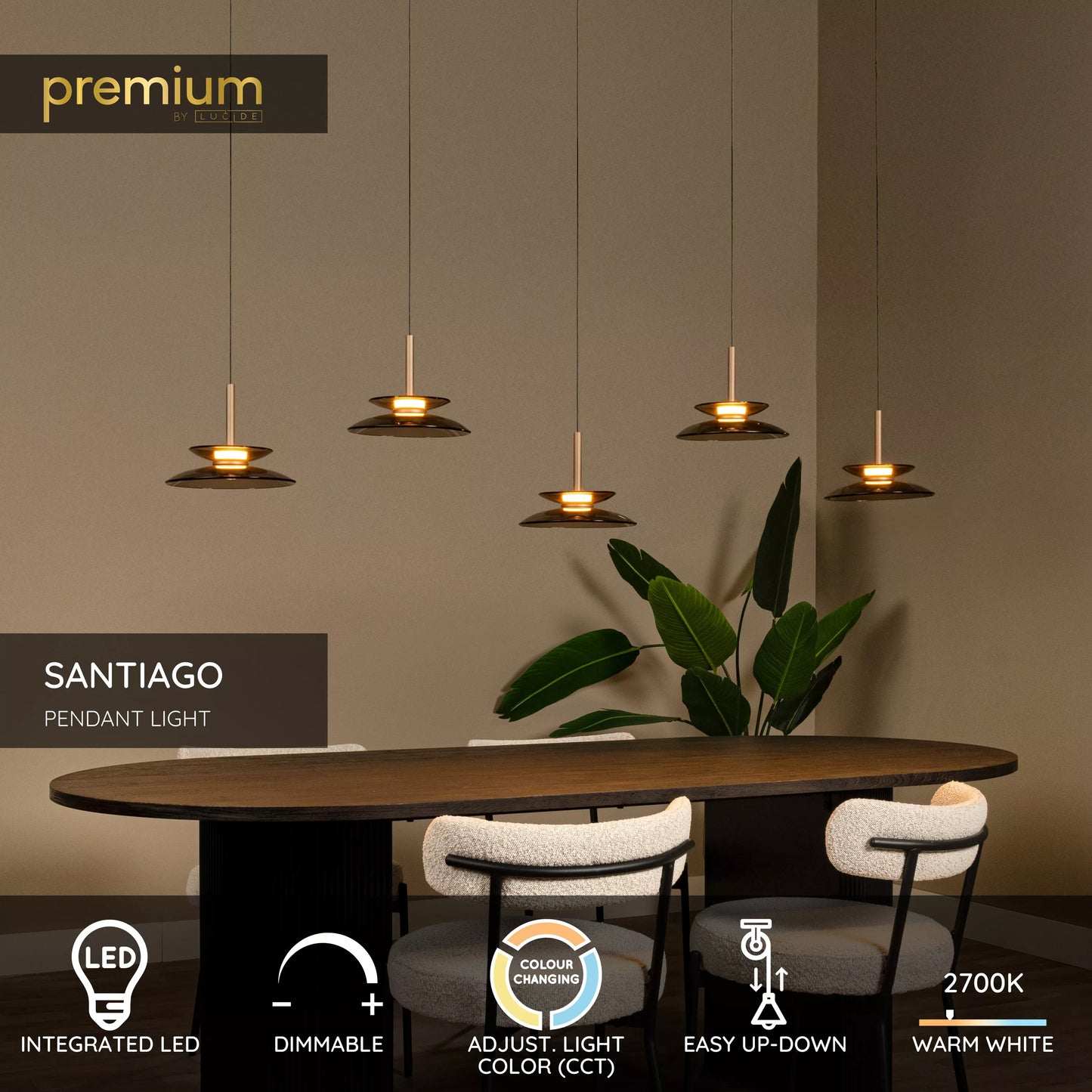 Lucide SANTIAGO - Pendant light - LED Dim. - CCT - 5x10W 2700K/4000K - Amber | Premium