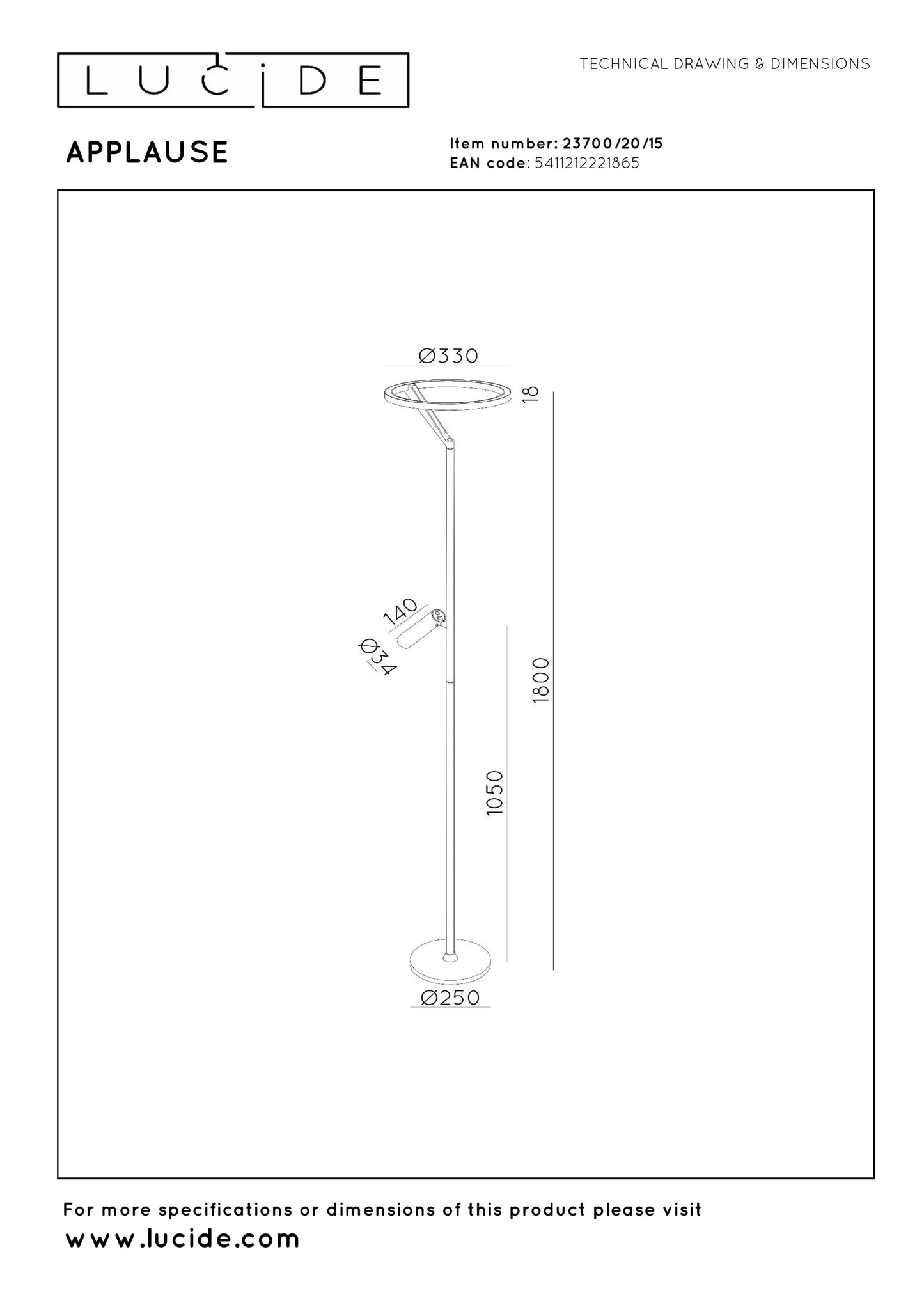 Lucide APPLAUSE - Floor lamp - Ø 33 cm - LED Dim. - CCT - 2700K/4000K - Grey iron | Premium