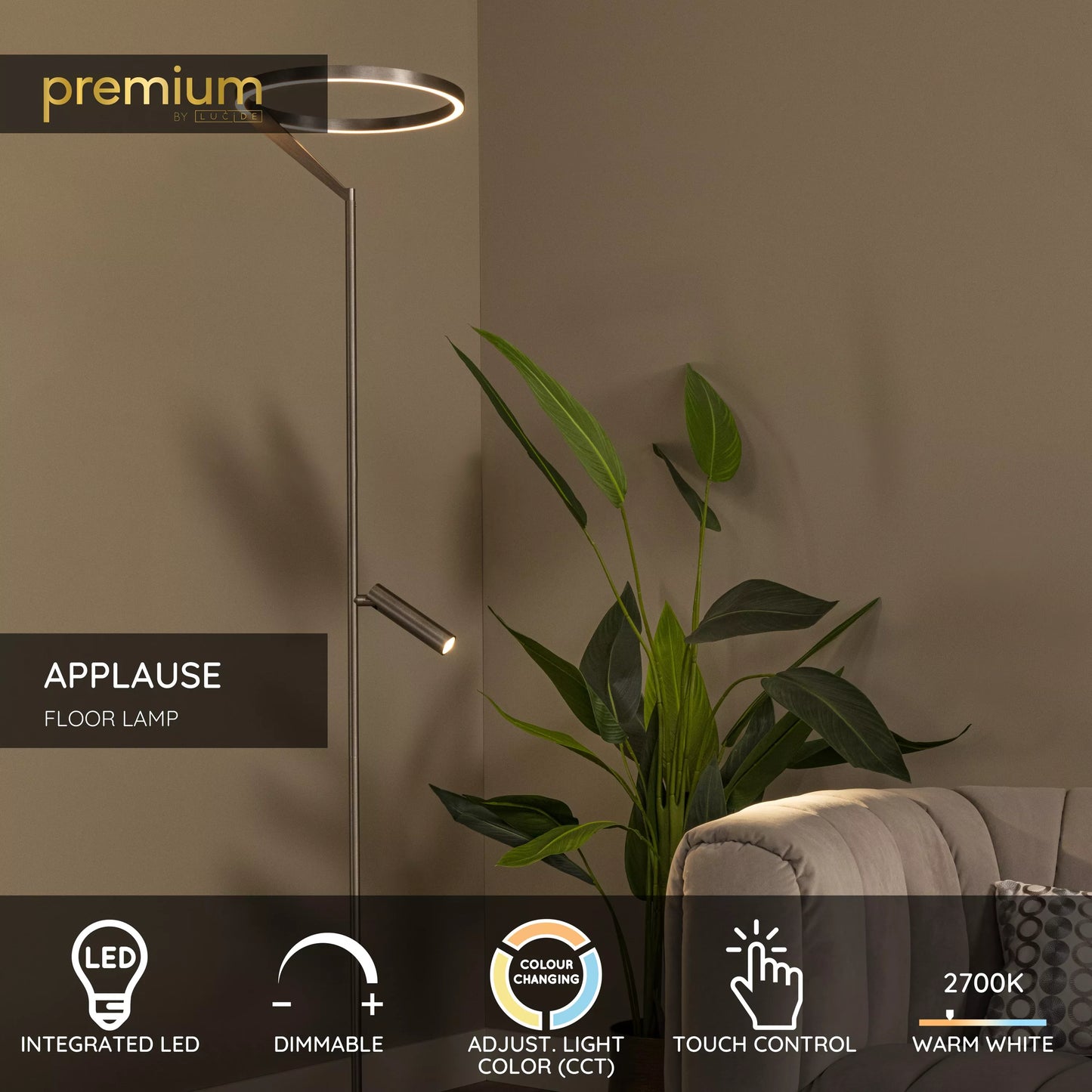 Lucide APPLAUSE - Floor lamp - Ø 33 cm - LED Dim. - CCT - 2700K/4000K - Grey iron | Premium