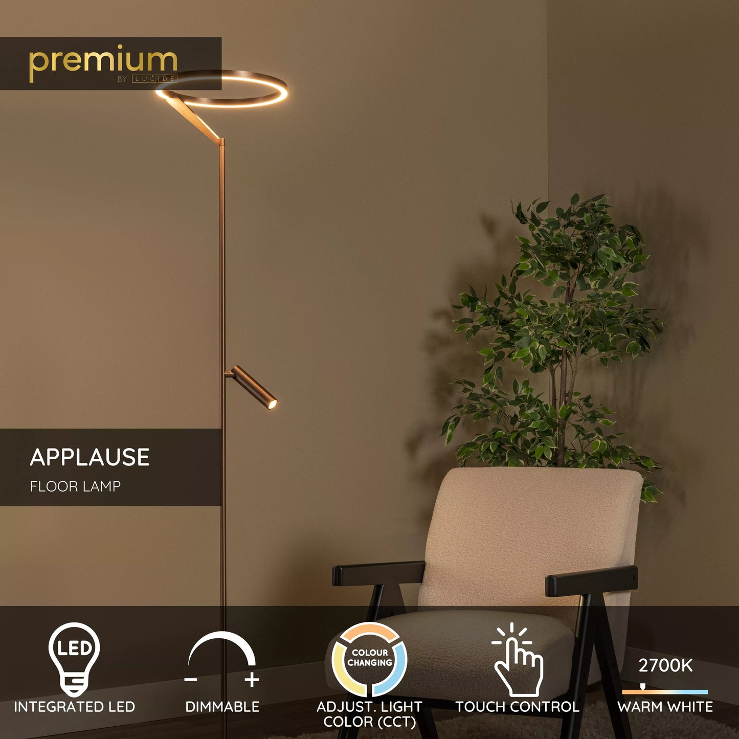Lucide APPLAUSE - Floor lamp - Ø 33 cm - LED Dim. - CCT - 2700K/4000K - Coffee | Premium