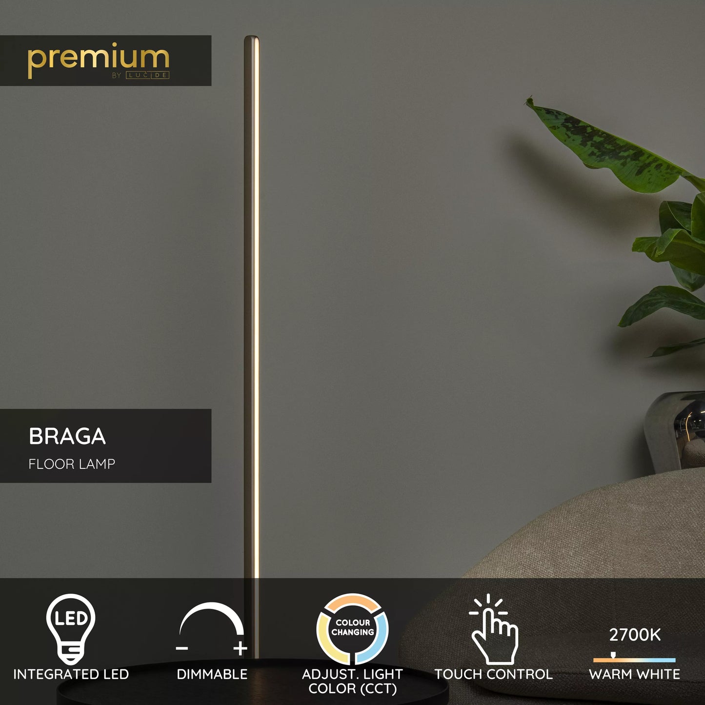 Lucide BRAGA - Floor Lamp - Ø 30 cm - LED Dimb. - CCT - 1x22W 2700K/4000K - Coffee | Premium
