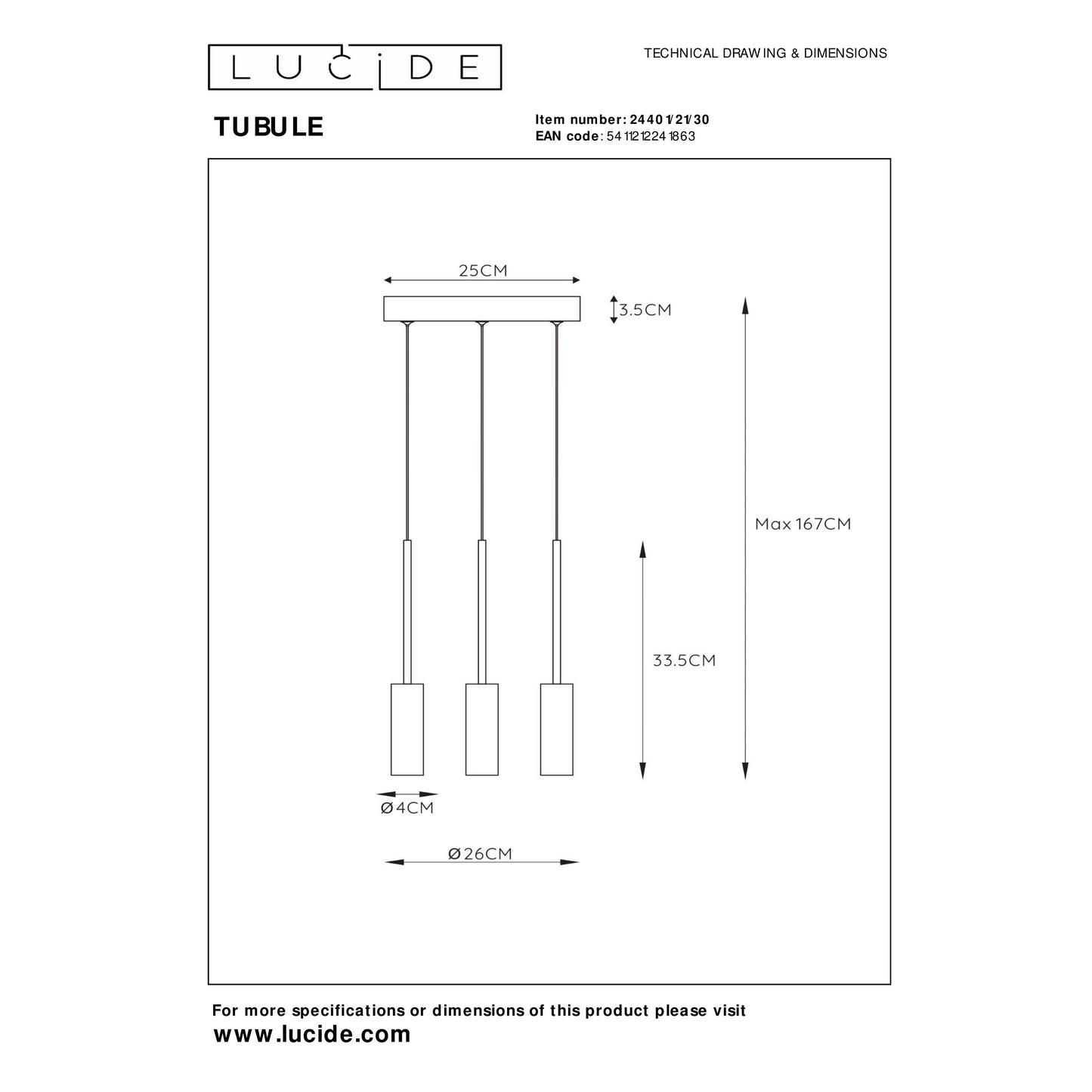 Lucide TUBULE - Pendant light - Ø 26 cm - LED - 3x7W 2700K - Black