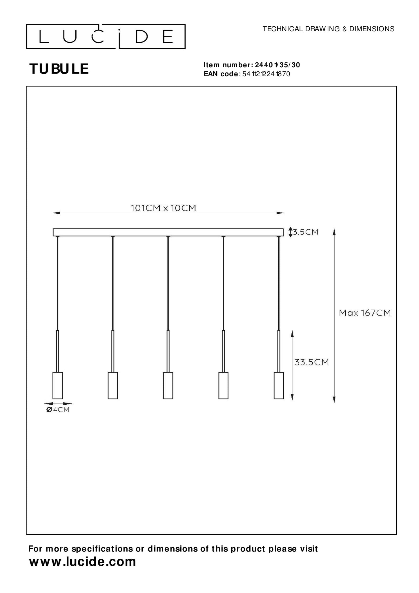 Lucide TUBULE - Pendant light - LED - 5x7W 2700K - Black