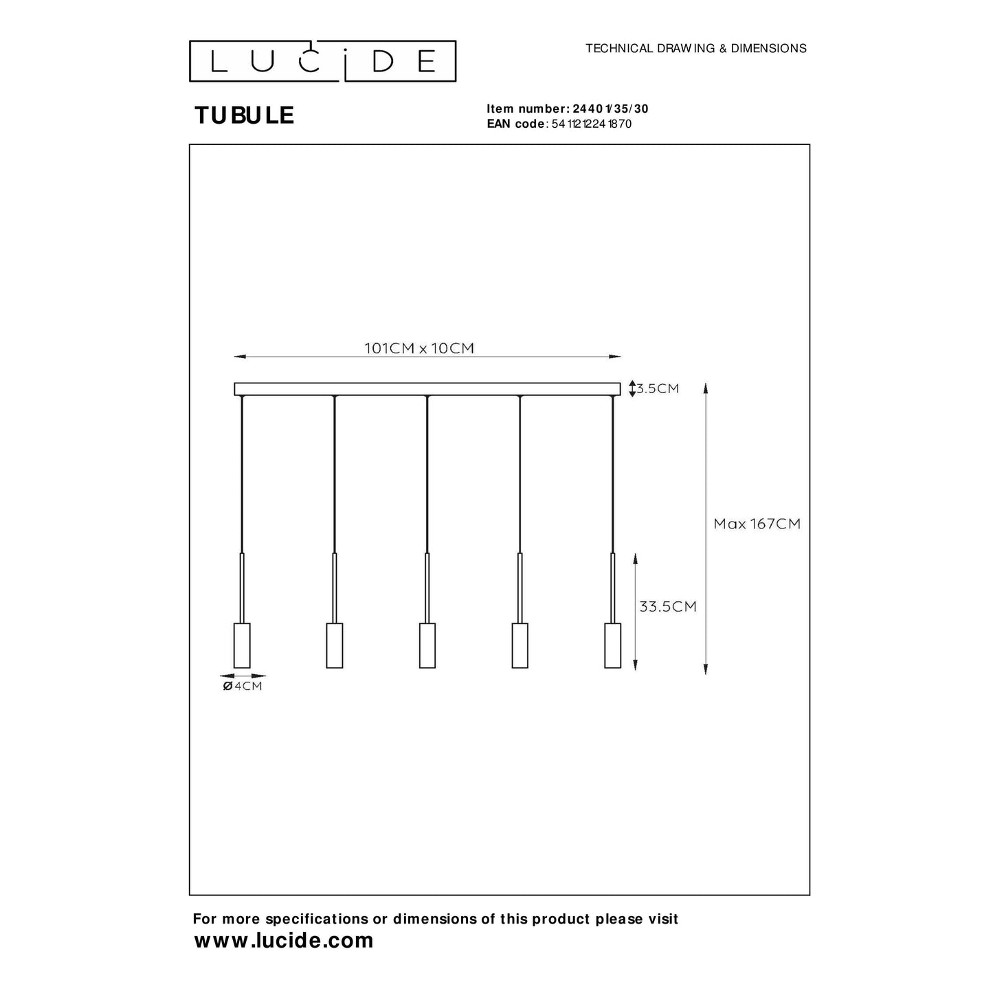 Lucide TUBULE - Pendant light - LED - 5x7W 2700K - Black