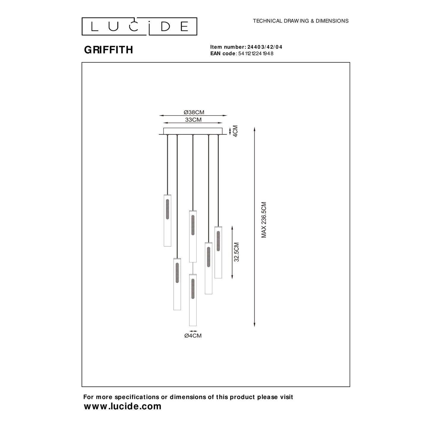 Lucide GRIFFITH - Pendant light - Ø 38 cm - LED Dim. - 6x7,6W 2700K/4000K - Bronze