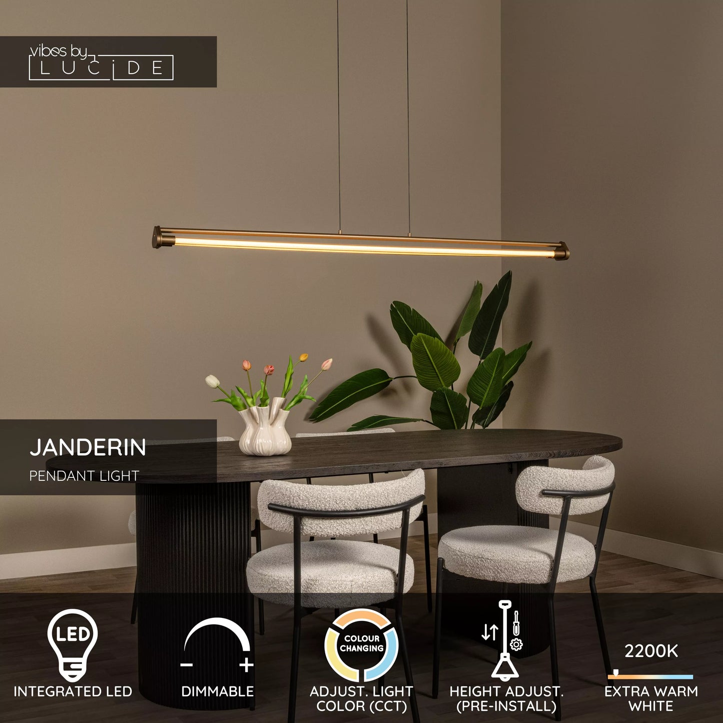 Lucide JANDERIN - Pendant light - LED Dim. - CCT - 2x16,5W 2200K/3300K - Hand Wave Sensor - Champagne Color | Vibes