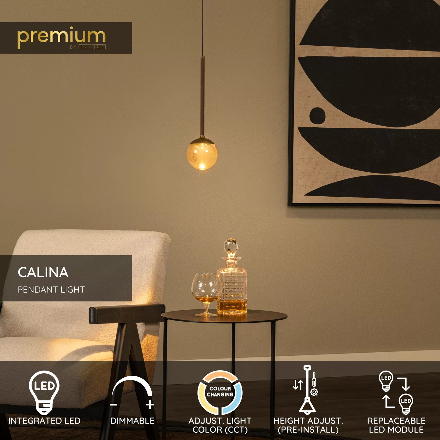 Lucide CALINA - Pendant light - Ø 9,9 cm - LED Dim. - CCT - 1x7W 2200K/3300K - With replaceable LED module - Coffee | Premium