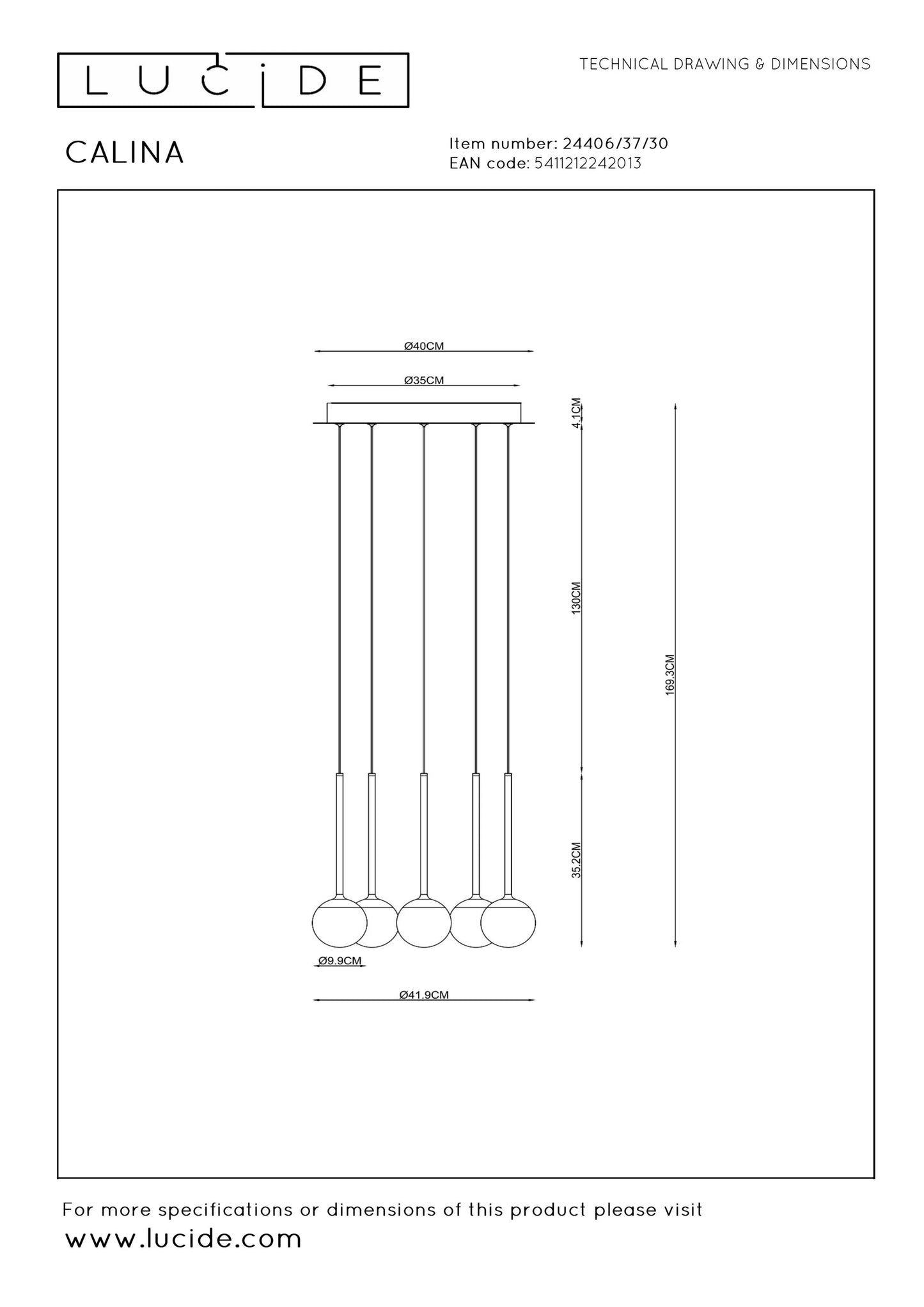 Lucide CALINA - Pendant light - Ø 41,9 cm - LED Dim. - CCT - 5x7,4W 2200K/3300K - With replaceable LED module - Black | Premium