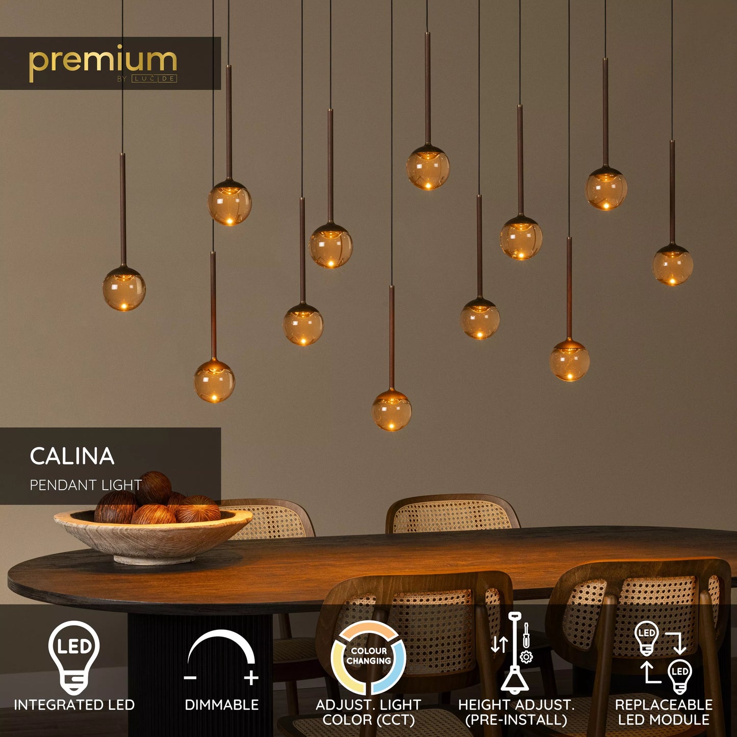 Lucide CALINA - Pendant light - LED Dim. - CCT - 12x7W 2200K/3300K - With replaceable LED module - Coffee | Premium
