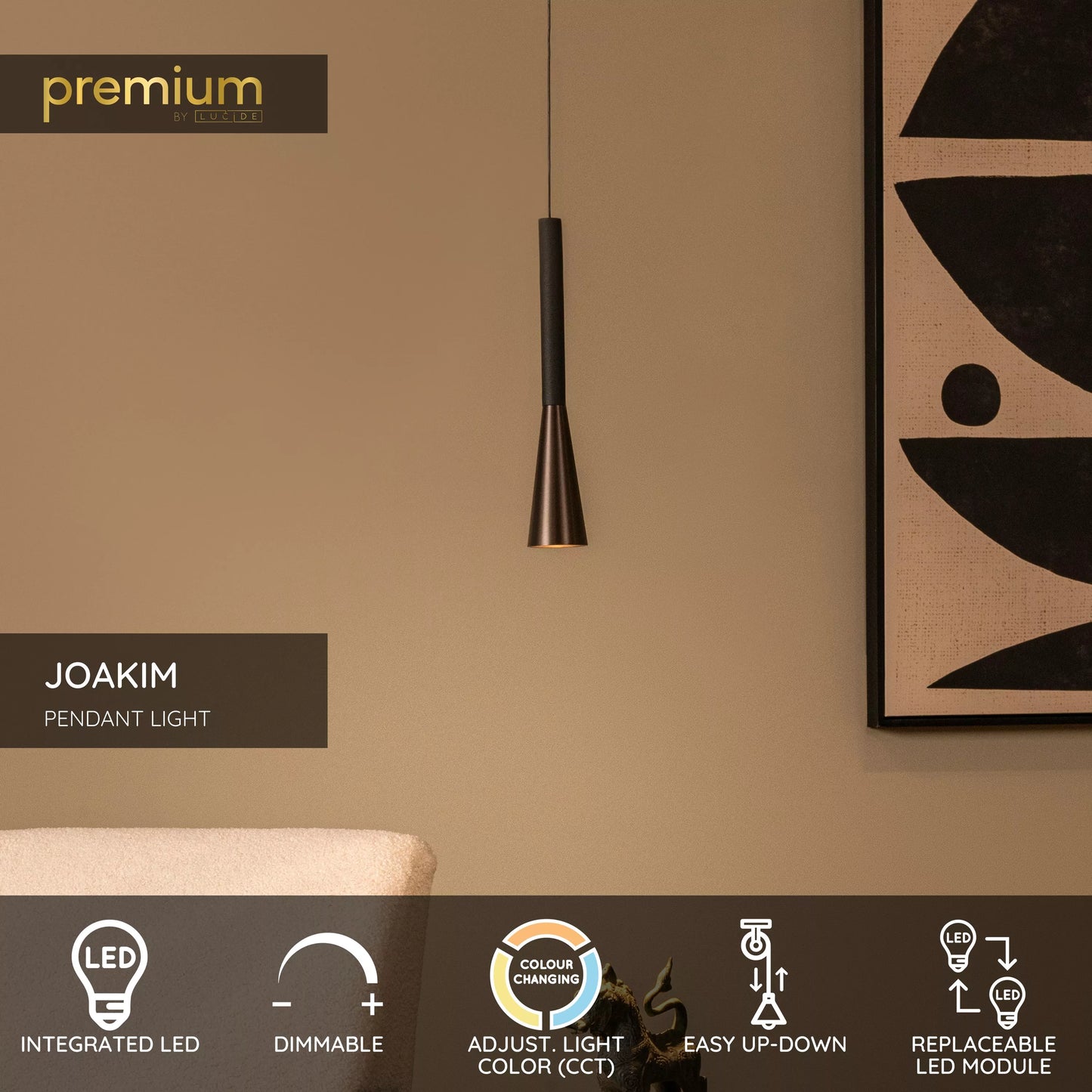 Lucide JOAKIM - Pendant light - Ø 7,7 cm - LED Dim. - CCT - 1x7W 2700K/4000K - With replaceable LED module - Coffee | Premium