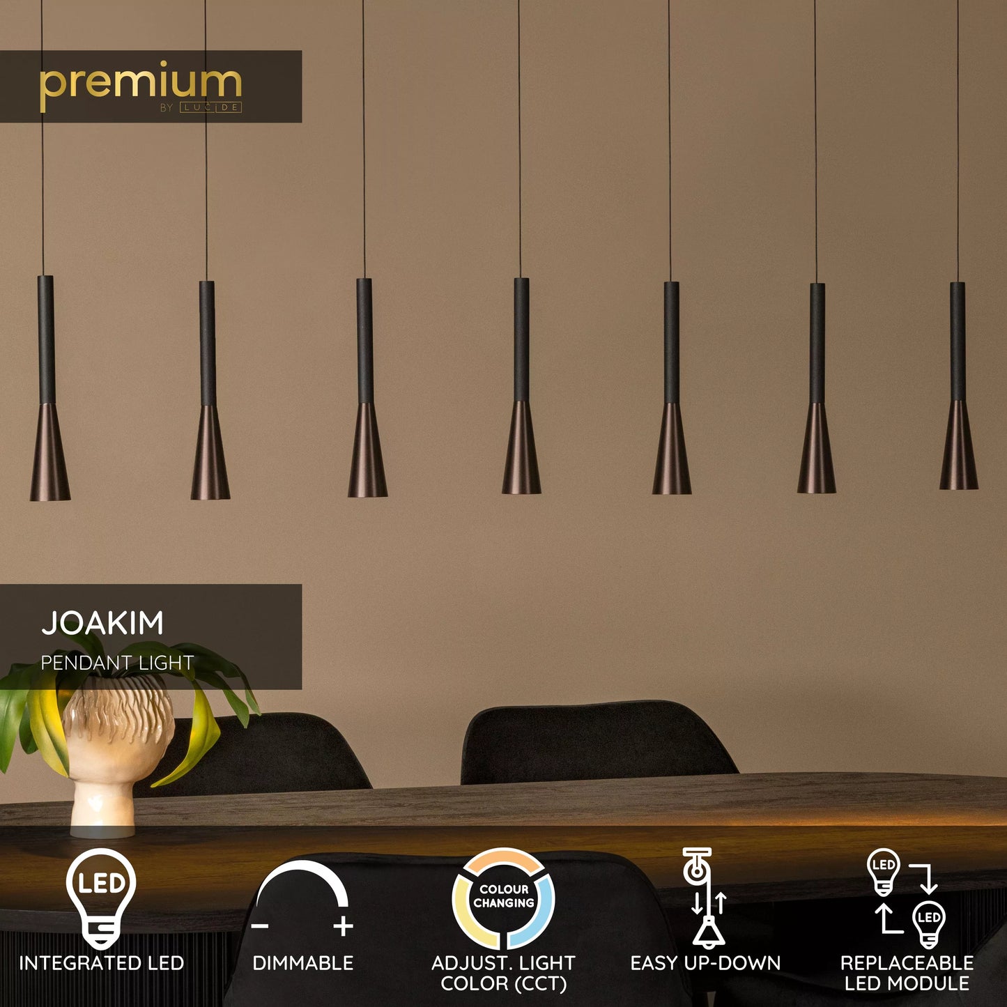 Lucide JOAKIM - Pendant light - LED Dim. - CCT - 7x6,2W 2700K/4000K - With replaceable LED module - Coffee | Premium
