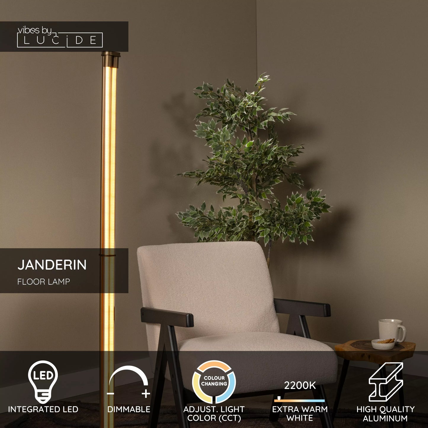 Lucide JANDERIN - Floor lamp - LED Dim. - CCT - 2x17W 2200K/3300K - Hand Wave Sensor - Champagne Color | Vibes