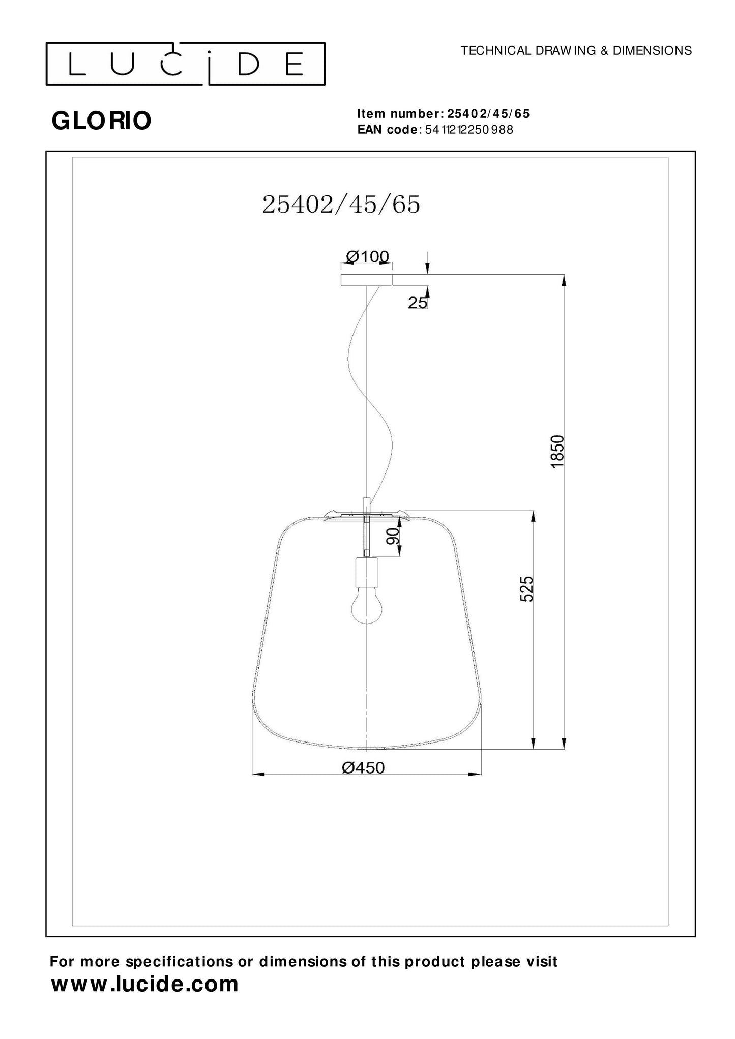 Lucide GLORIO - Pendant light - Ø 45 cm - 1xE27 - Black