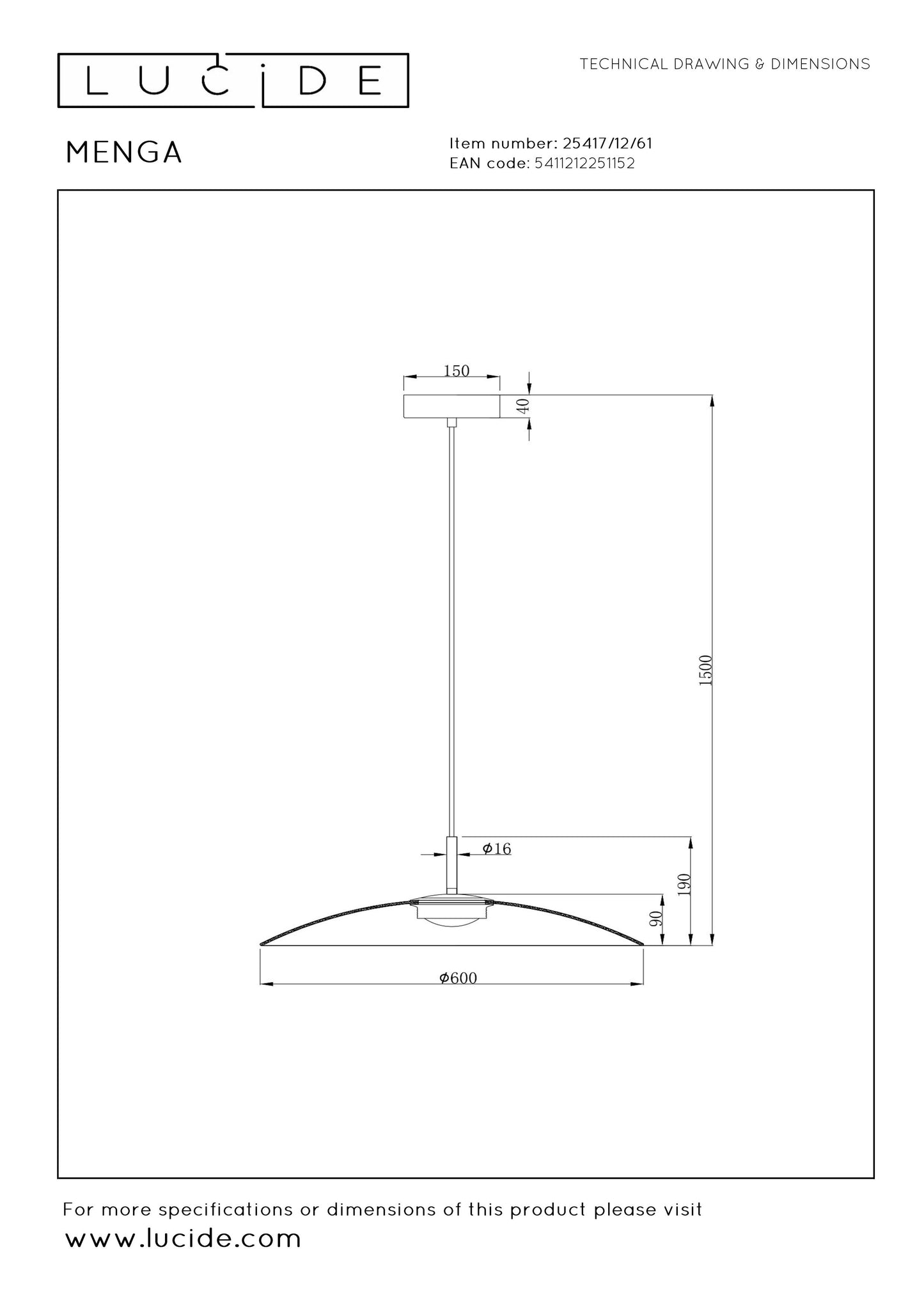 Lucide MENGA - Pendant light - Ø 60 cm - LED Dim. - 1x18,6W 2700K - Opal