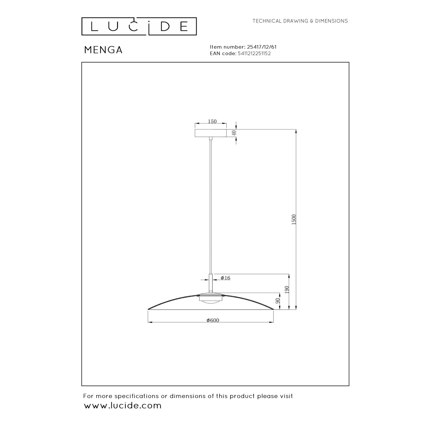 Lucide MENGA - Pendant light - Ø 60 cm - LED Dim. - 1x18,6W 2700K - Opal