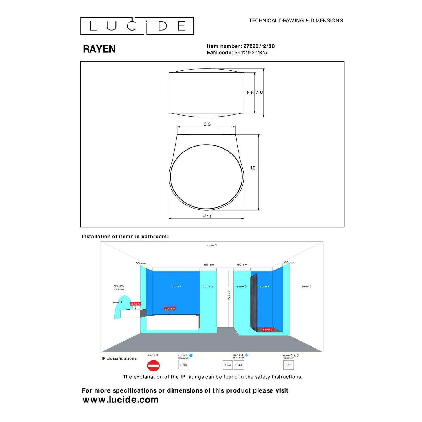 Lucide RAYEN - Wall spotlight / Wall light Bathroom - LED - 1x12W 3000K - IP65 - Black