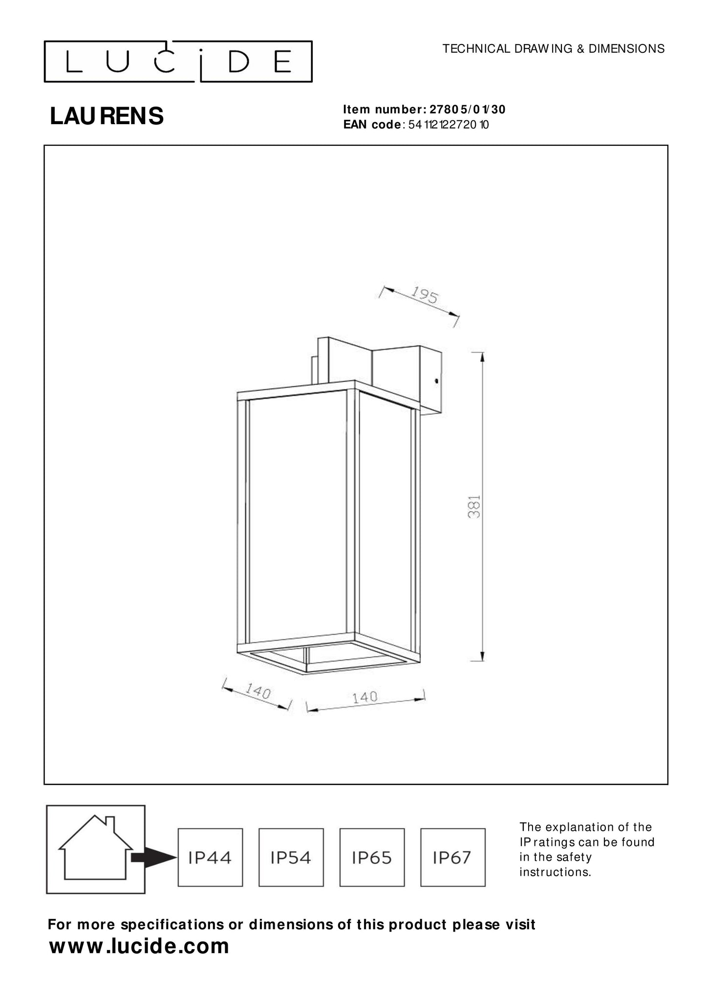 Lucide LAURENS - Wall light Indoor/Outdoor - 1x E27 - IP54 - Black