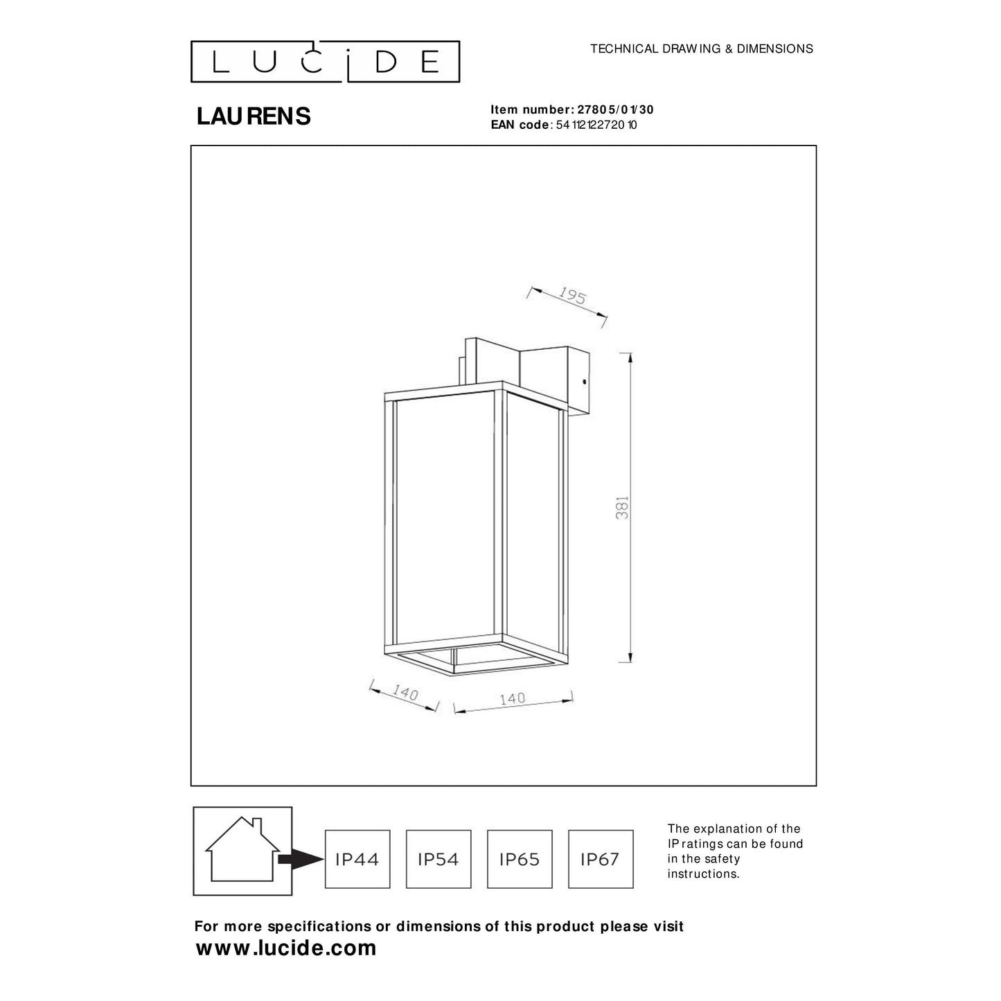 Lucide LAURENS - Wall light Indoor/Outdoor - 1x E27 - IP54 - Black