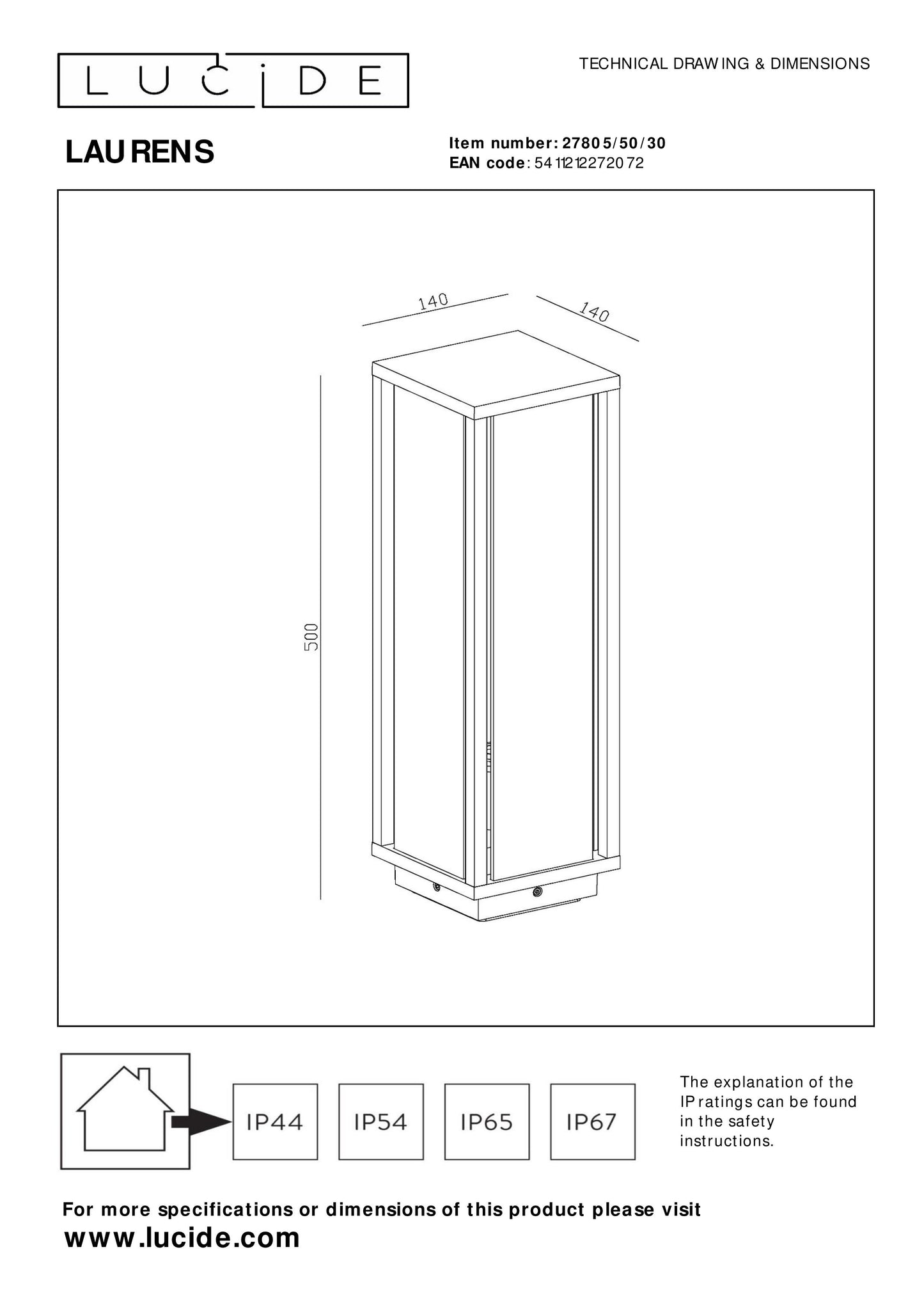 Lucide LAURENS - Bollard light - 1xE27 - IP54 - Black