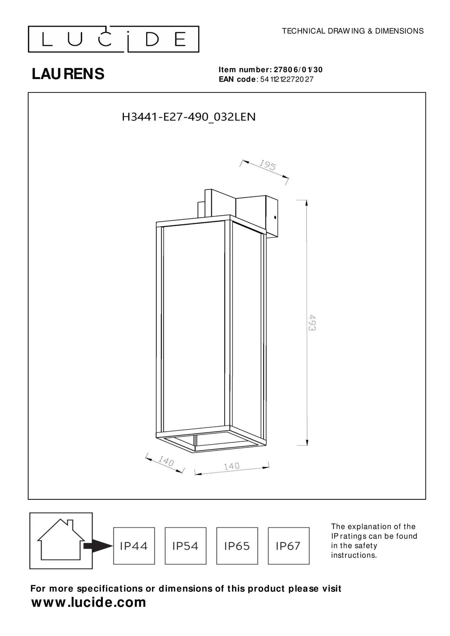 Lucide LAURENS - Wall light Indoor/Outdoor - 1xE27 - IP54 - Black