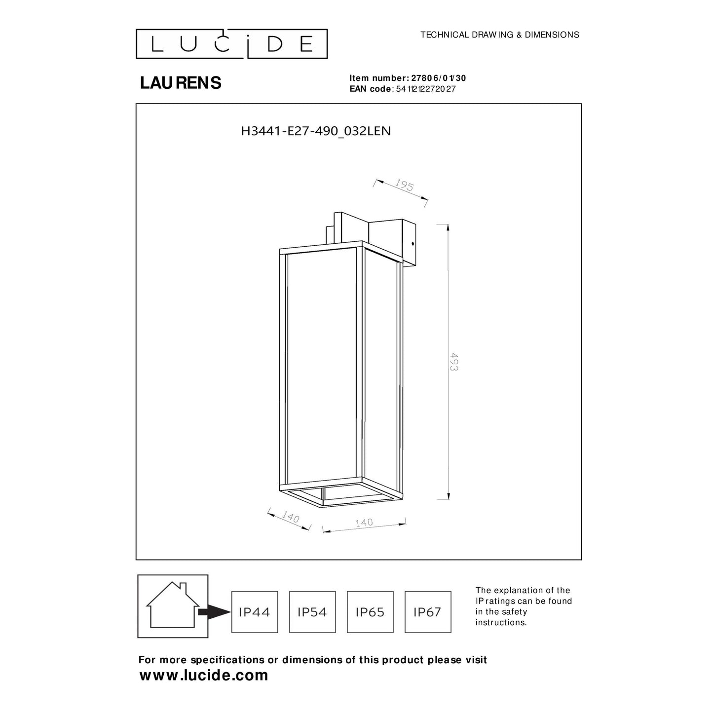 Lucide LAURENS - Wall light Indoor/Outdoor - 1xE27 - IP54 - Black