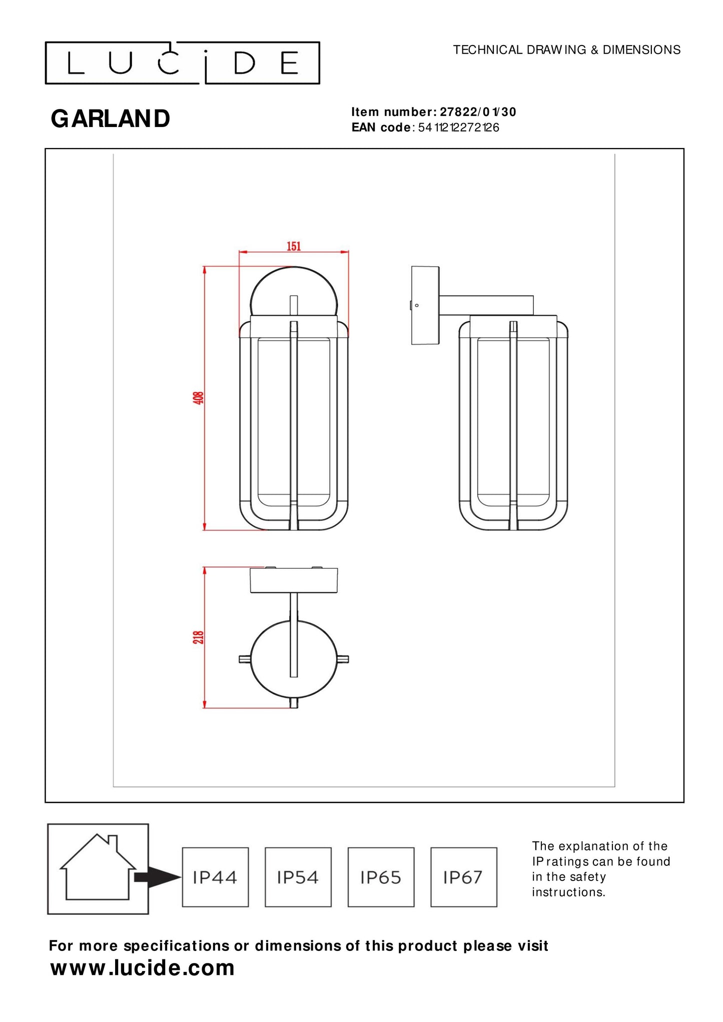 Lucide GARLAND - Wall light Indoor/Outdoor - 1xE27 - IP44 - Black