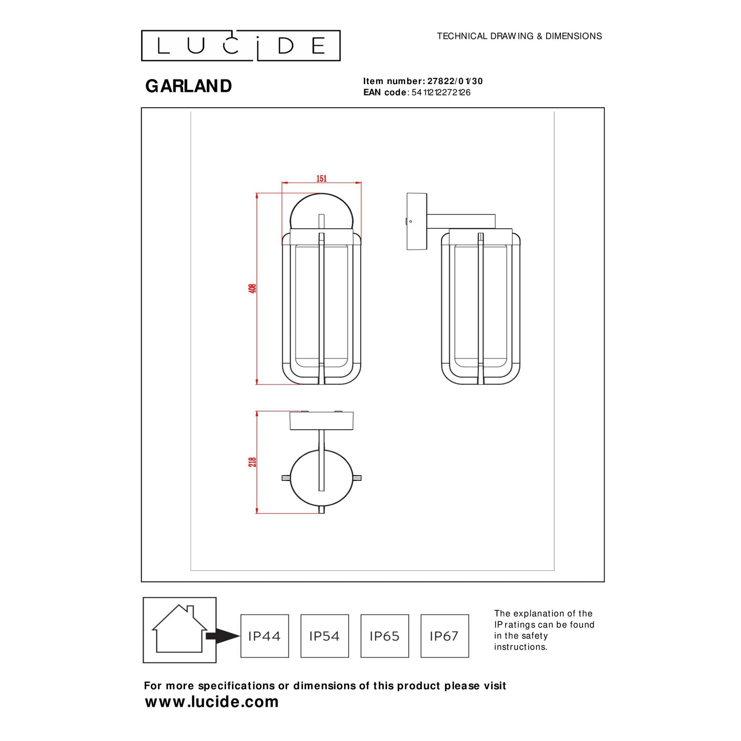 Lucide GARLAND - Wall light Indoor/Outdoor - 1xE27 - IP44 - Black