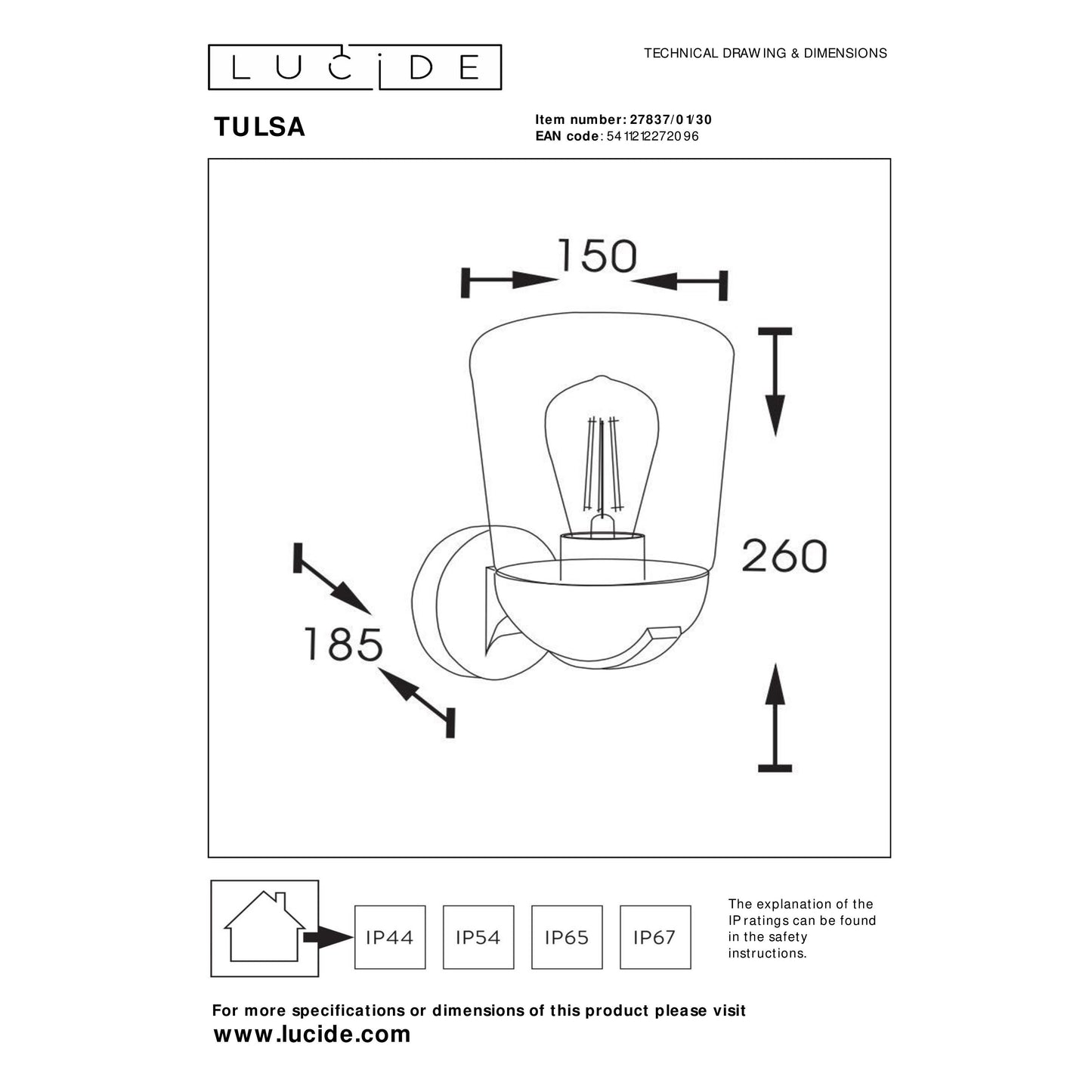 Lucide TULSA - Wall light Indoor/Outdoor - 1xE27 - IP44 - Black