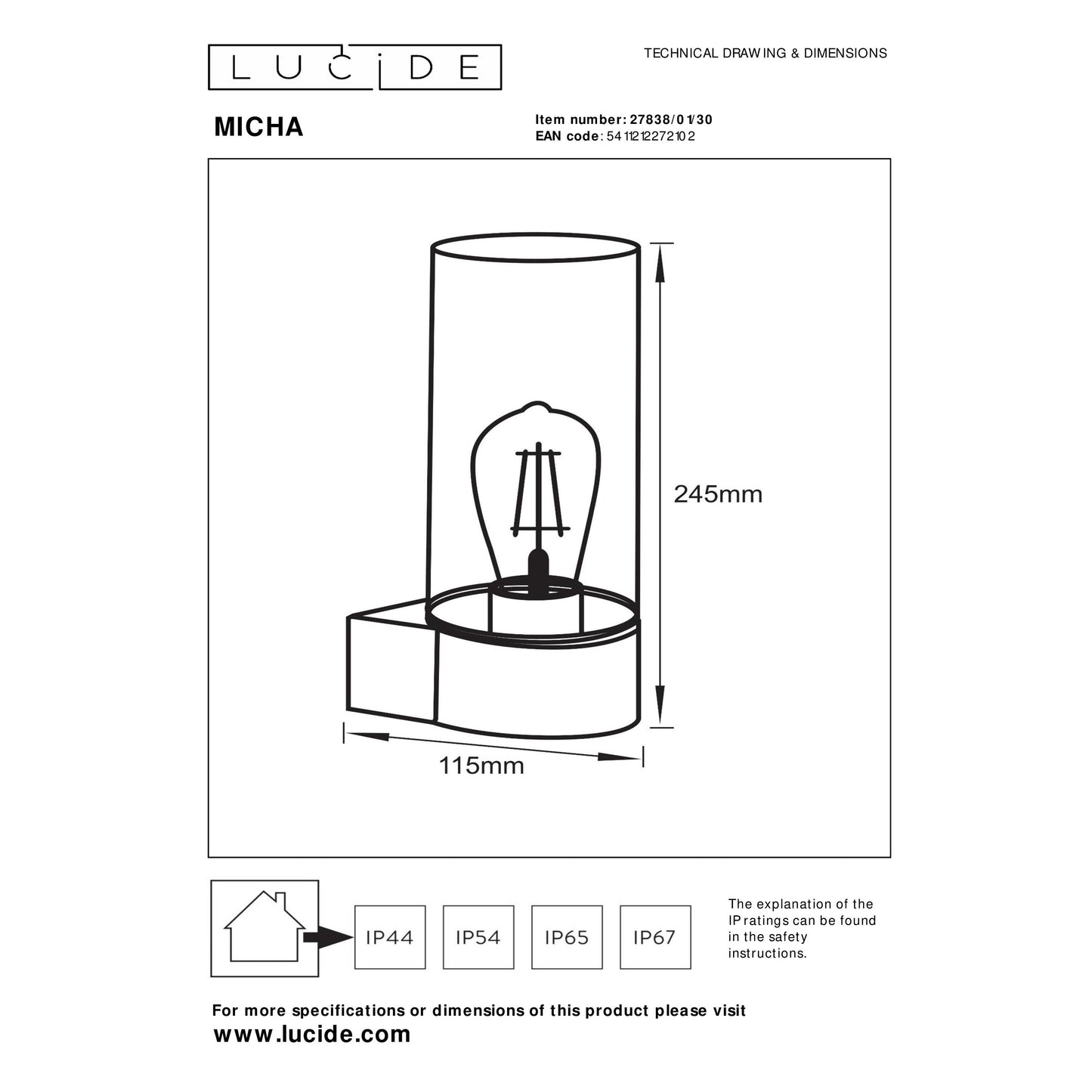 Lucide MICHA - Wall light Indoor/Outdoor - 1xE27 - IP44 - Black