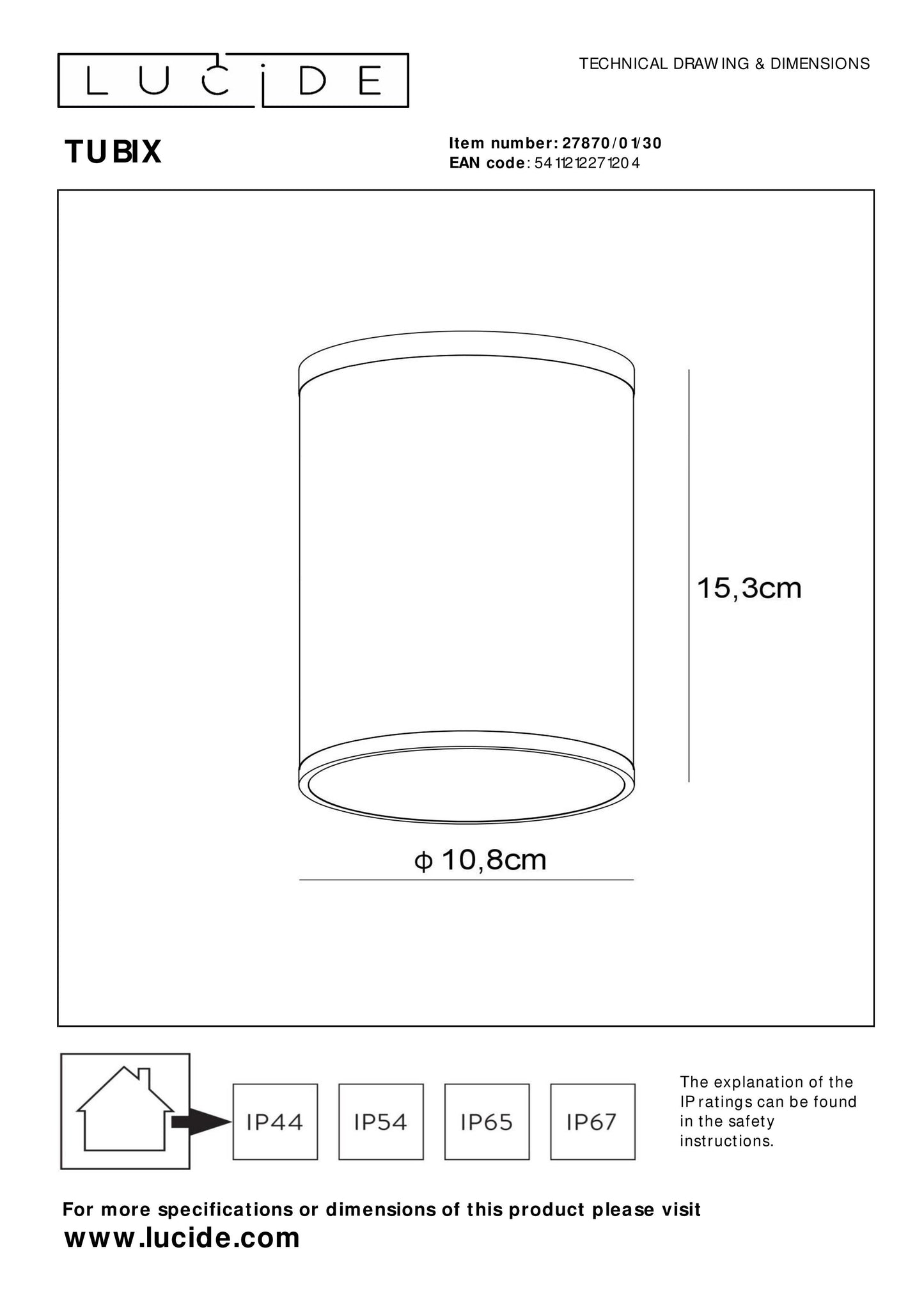 Lucide TUBIX - Ceiling spotlight Indoor/Outdoor - Ø 10,8 cm - 1xE27 - IP54 - Anthracite