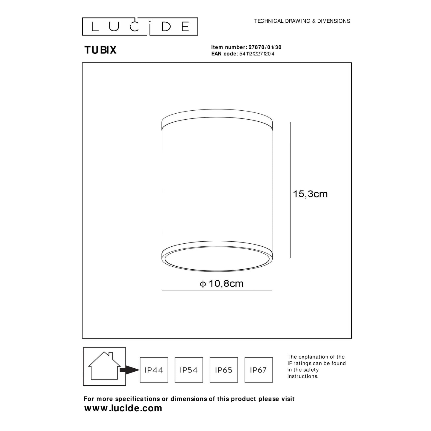 Lucide TUBIX - Ceiling spotlight Indoor/Outdoor - Ø 10,8 cm - 1xE27 - IP54 - Anthracite