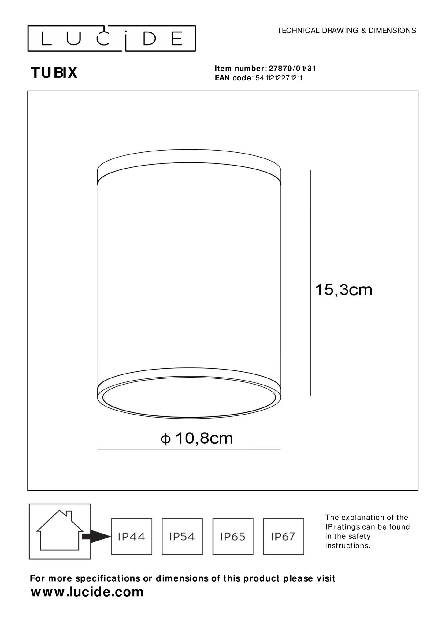 Lucide TUBIX - Ceiling spotlight Indoor/Outdoor - Ø 10,8 cm - 1xE27 - IP54 - White