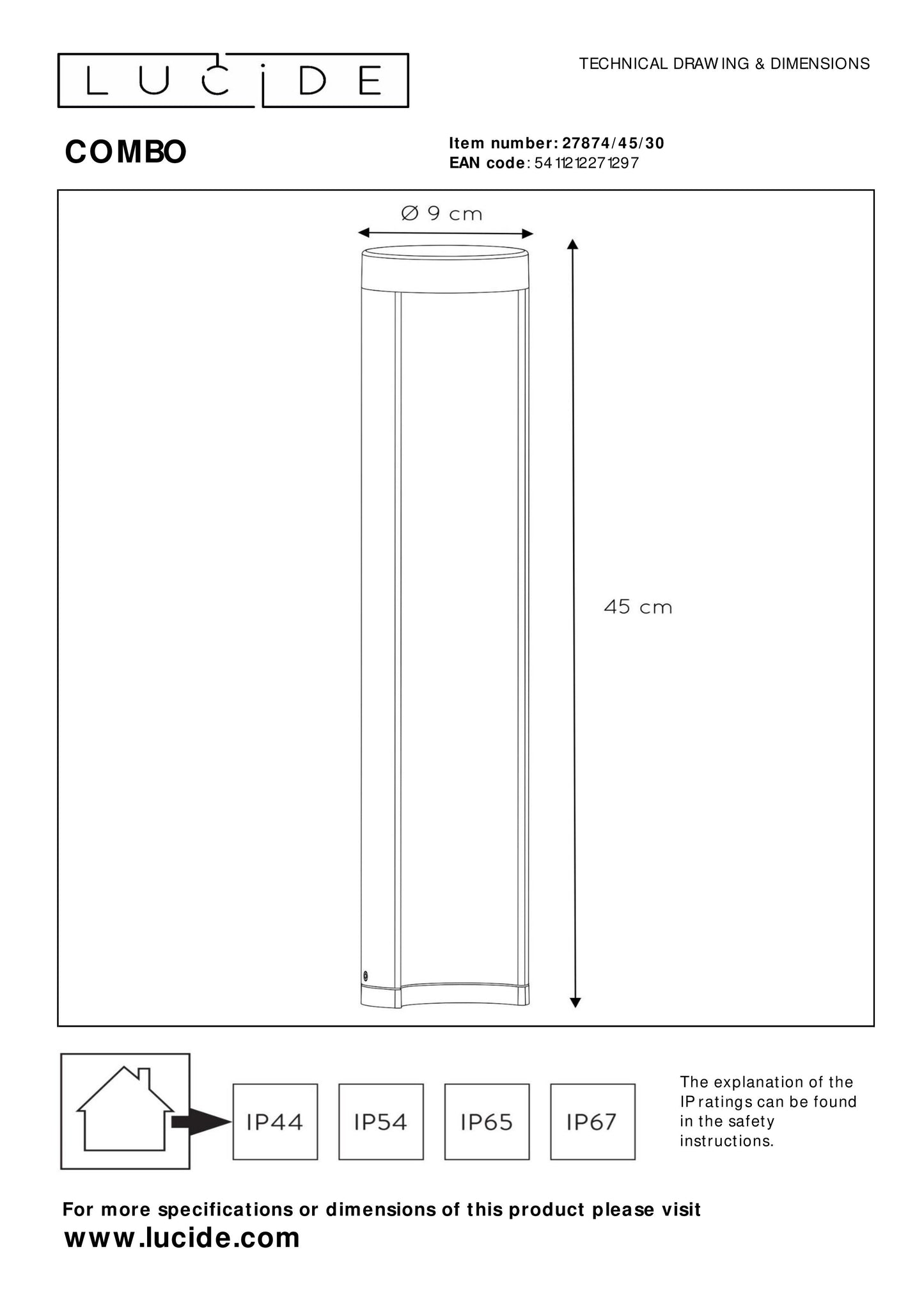 Lucide COMBO - Bollard light - Ø 9 cm - LED - 1x9W 3000K - IP54 - Black