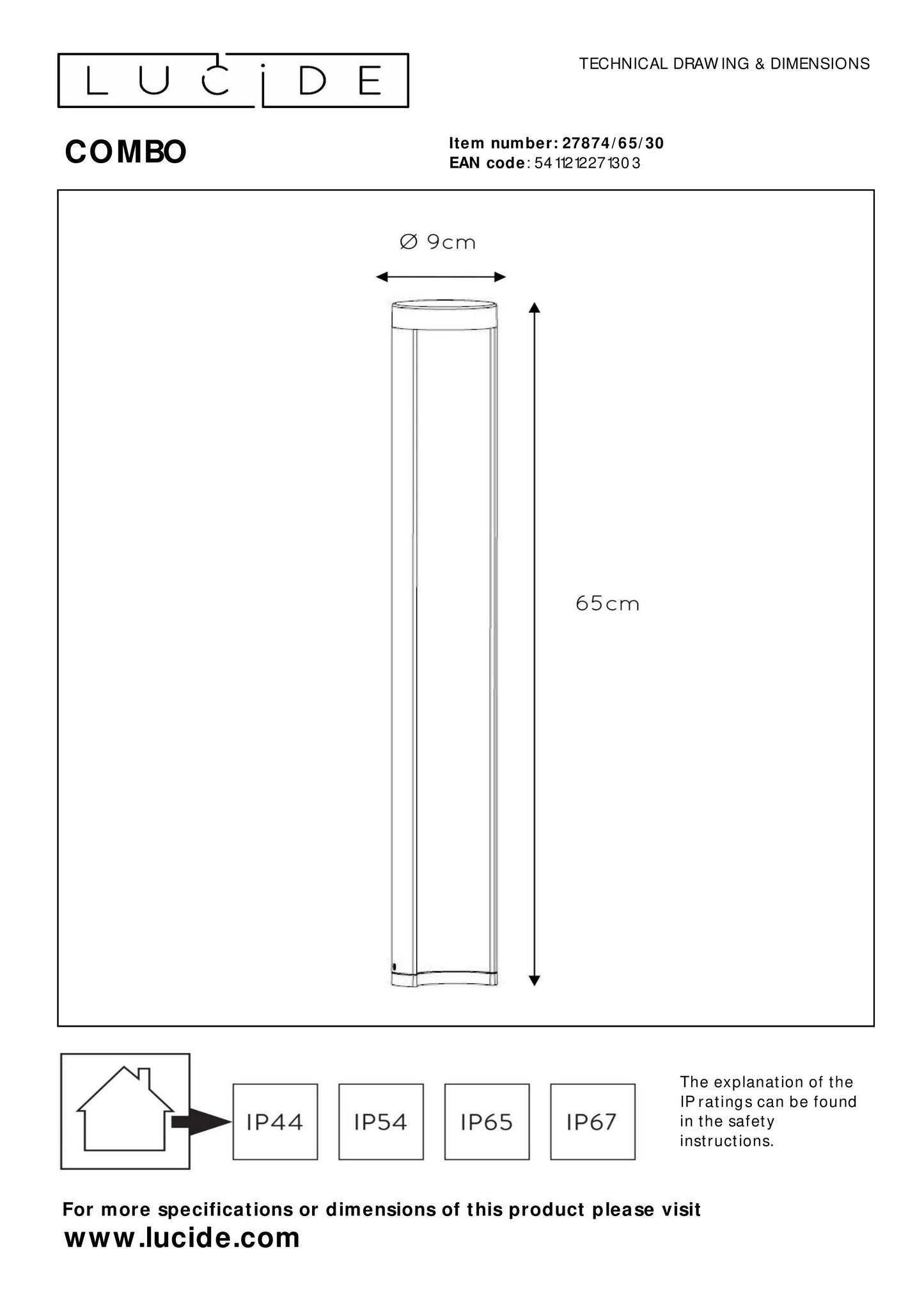 Lucide COMBO - Bollard light - Ø 9 cm - LED - 1x 9W 3000K - IP54 Black