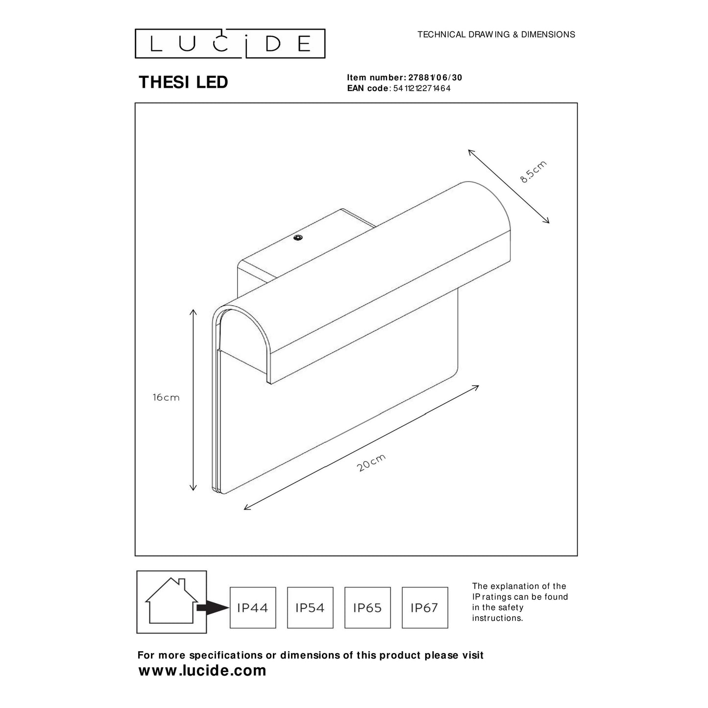 Lucide THESI LED - Wall light Indoor/Outdoor - LED - 1x8W 3000K - IP54 - Black