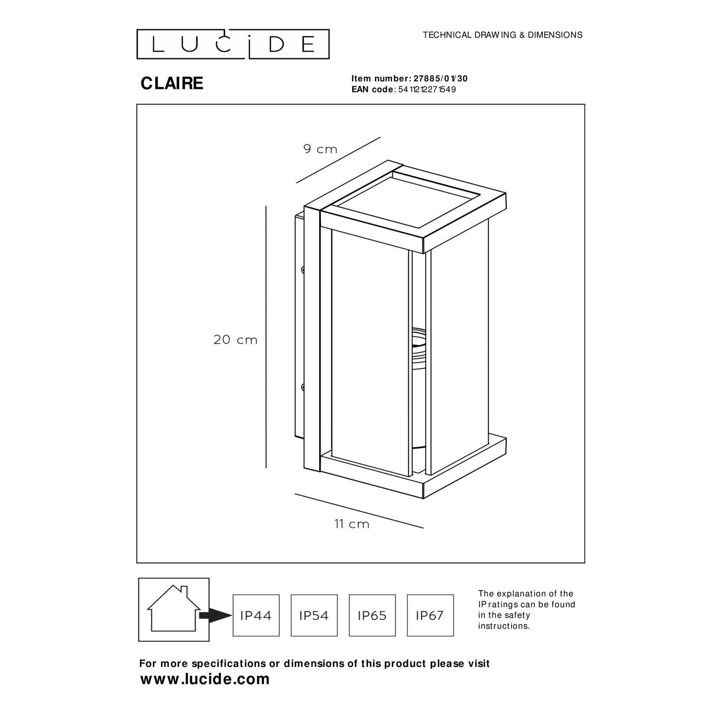 Lucide CLAIRE - Wall light Indoor/Outdoor - 1x E27 - IP54 - Anthracite